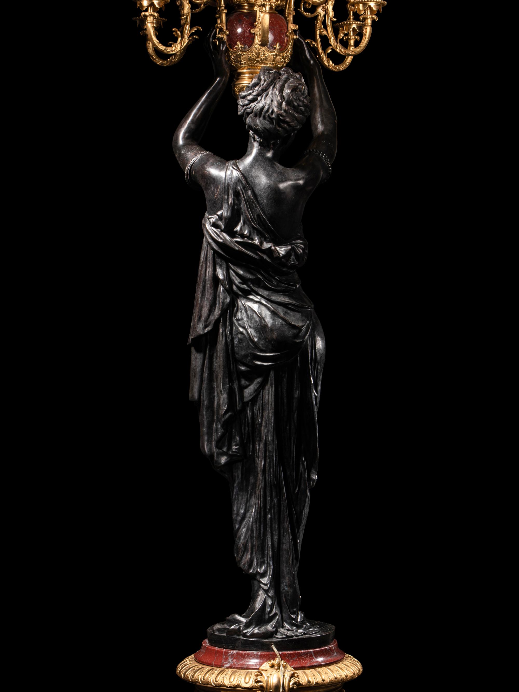 A Pair of Monumental Gilt and Patinated Bronze and Rouge Marble Figural Torchères