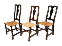 Three William and Mary Turned and Carved Rush-Seat Spanish-Foot Side Chairs