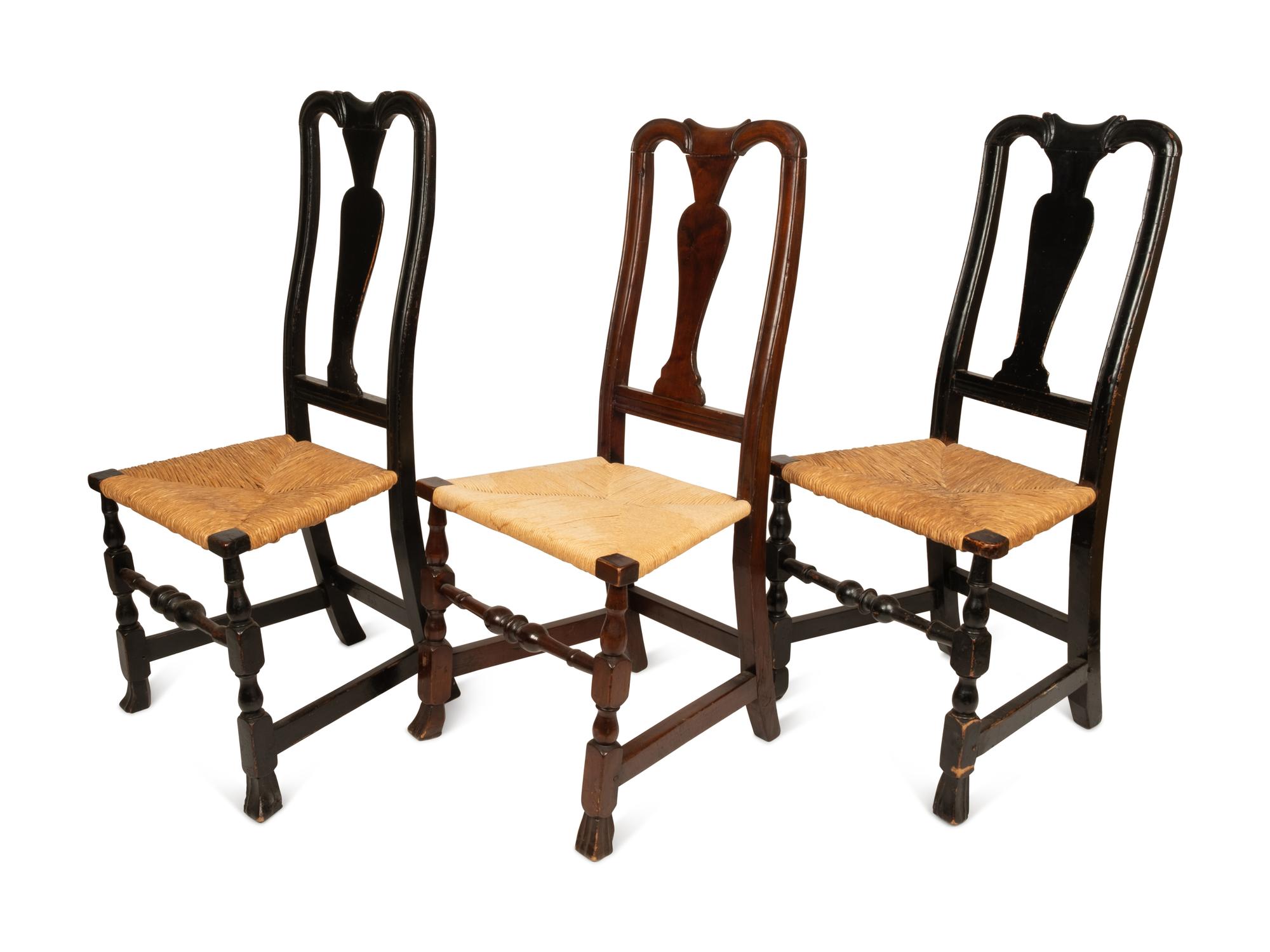 Three William and Mary Turned and Carved Rush-Seat Spanish-Foot Side Chairs