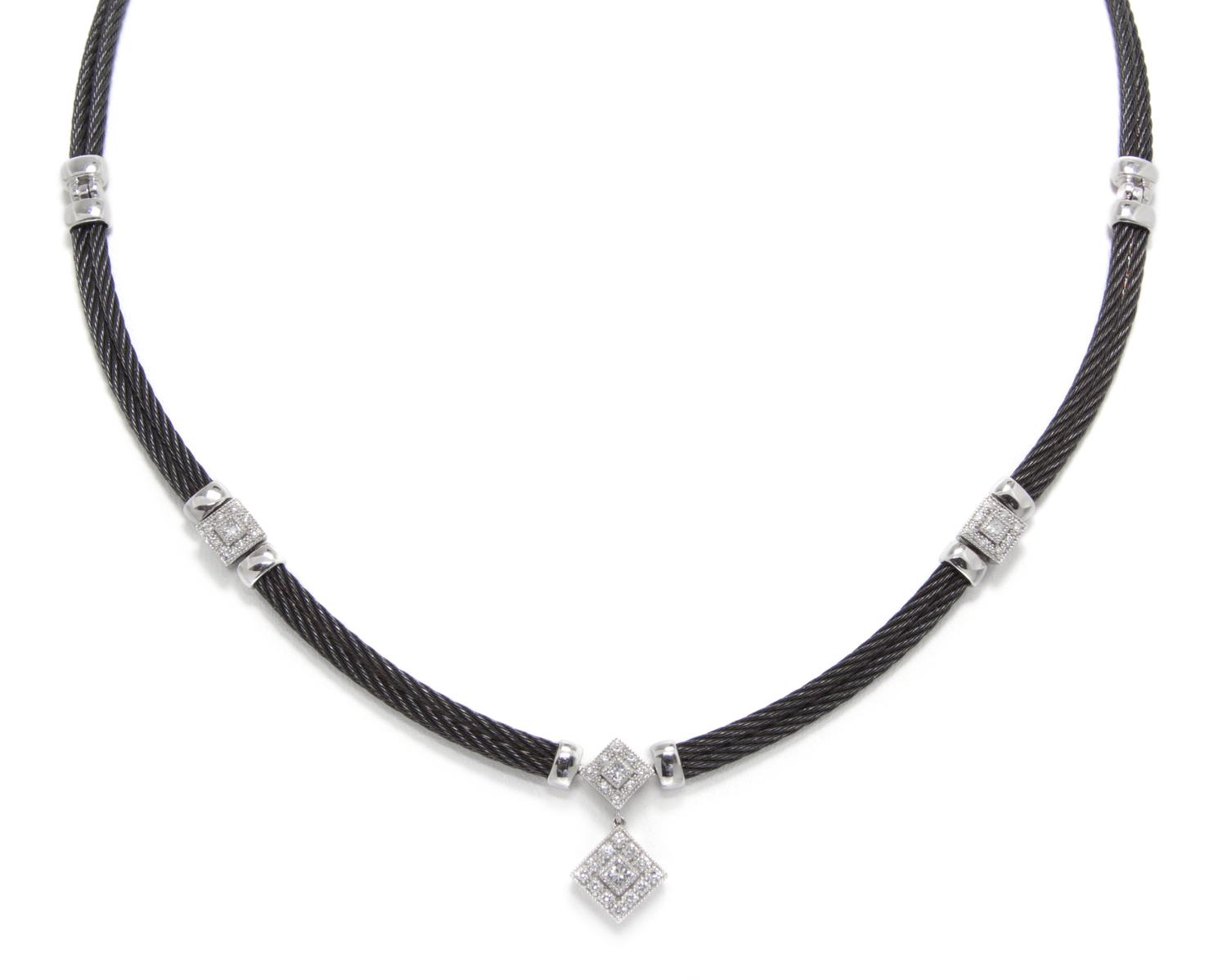 A Black PVD Coated Stainless Steel, 18 Karat White Gold and Diamond Celtic Noir Necklace, Charriol, 16.80 dwts.
