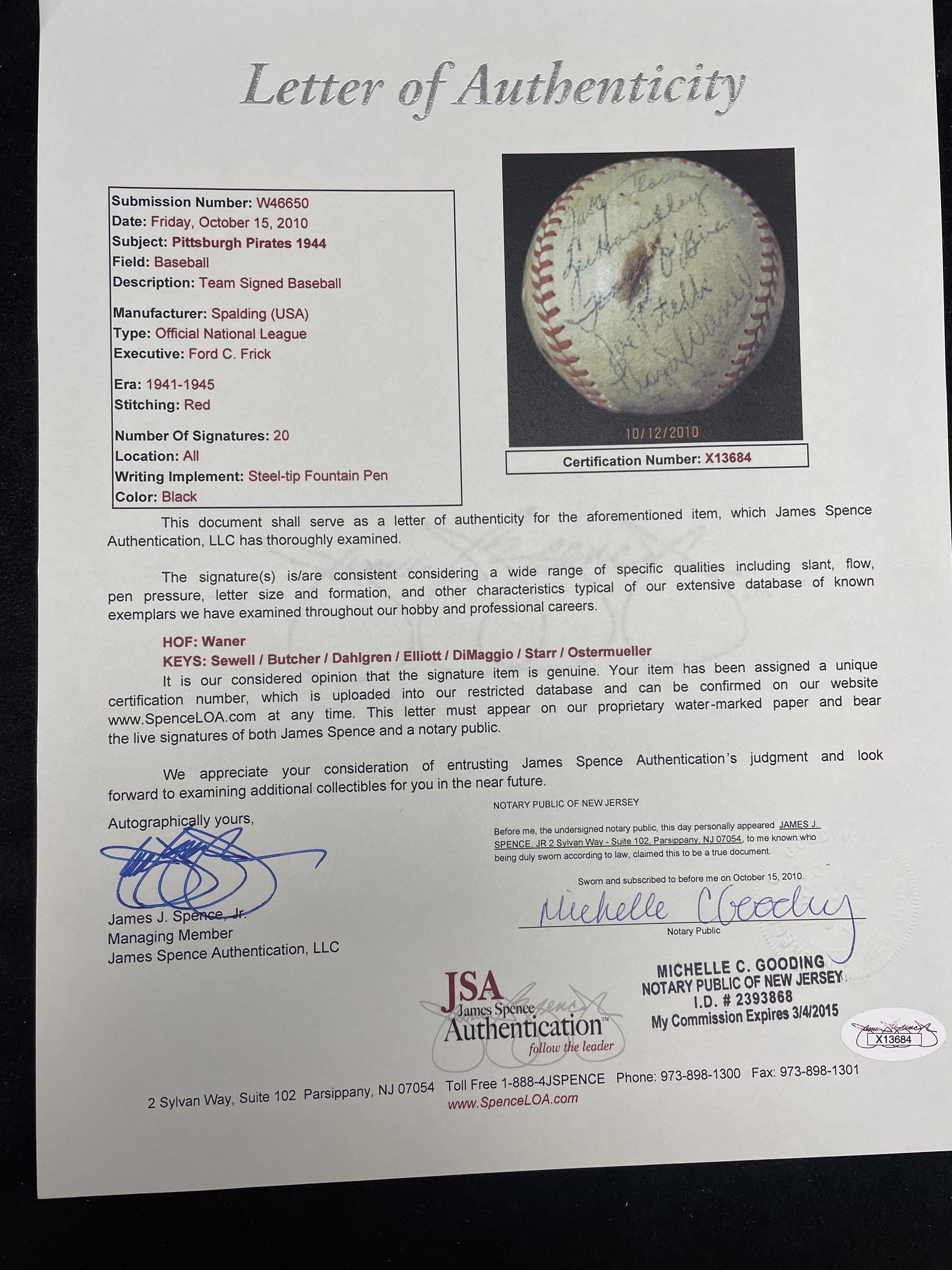 A 1944 Pittsburgh Pirates Team Signed Autograph Baseball Featuring Paul Waner (JSA Letter of Authenticity),