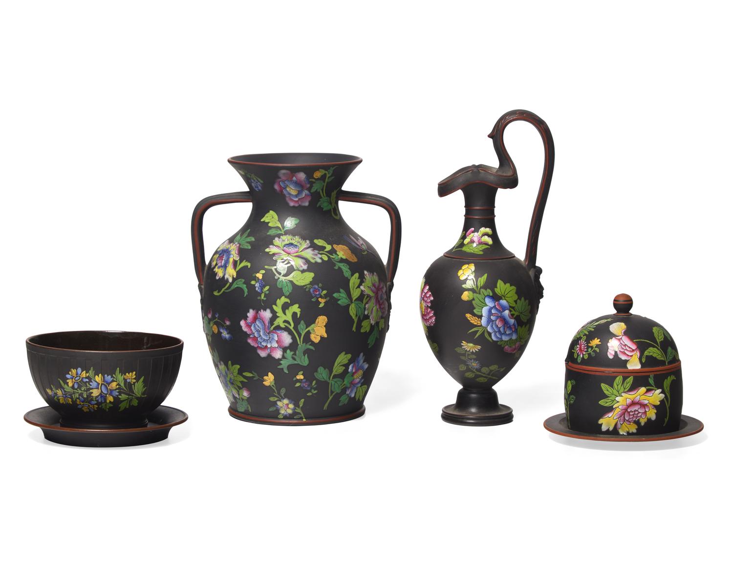 Six Wedgwood Enameled Basalt Capriware Table Articles