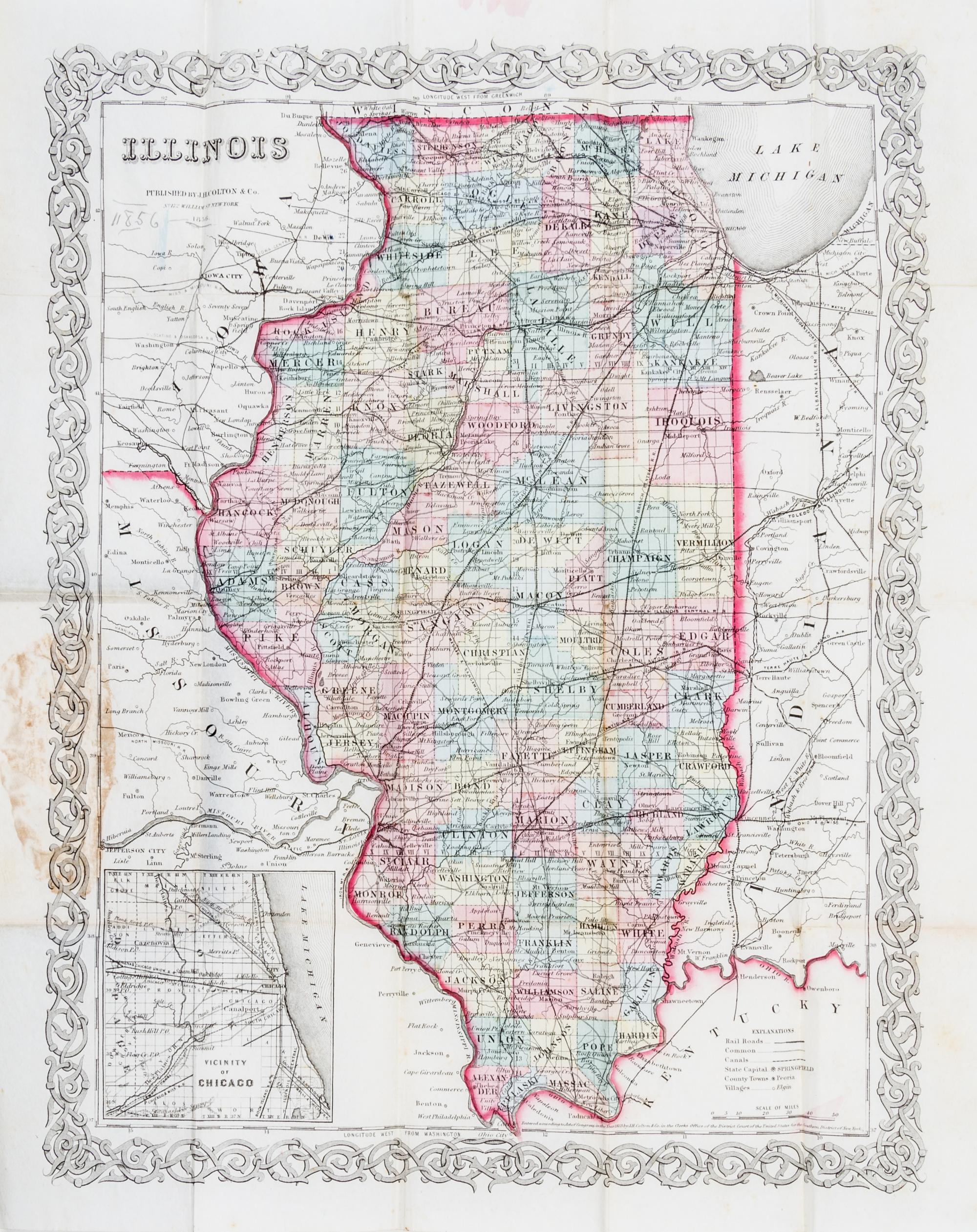 (MAP, ILLINOIS) Illinois [with inset: Vicinity of Chicago]. New York, 1856