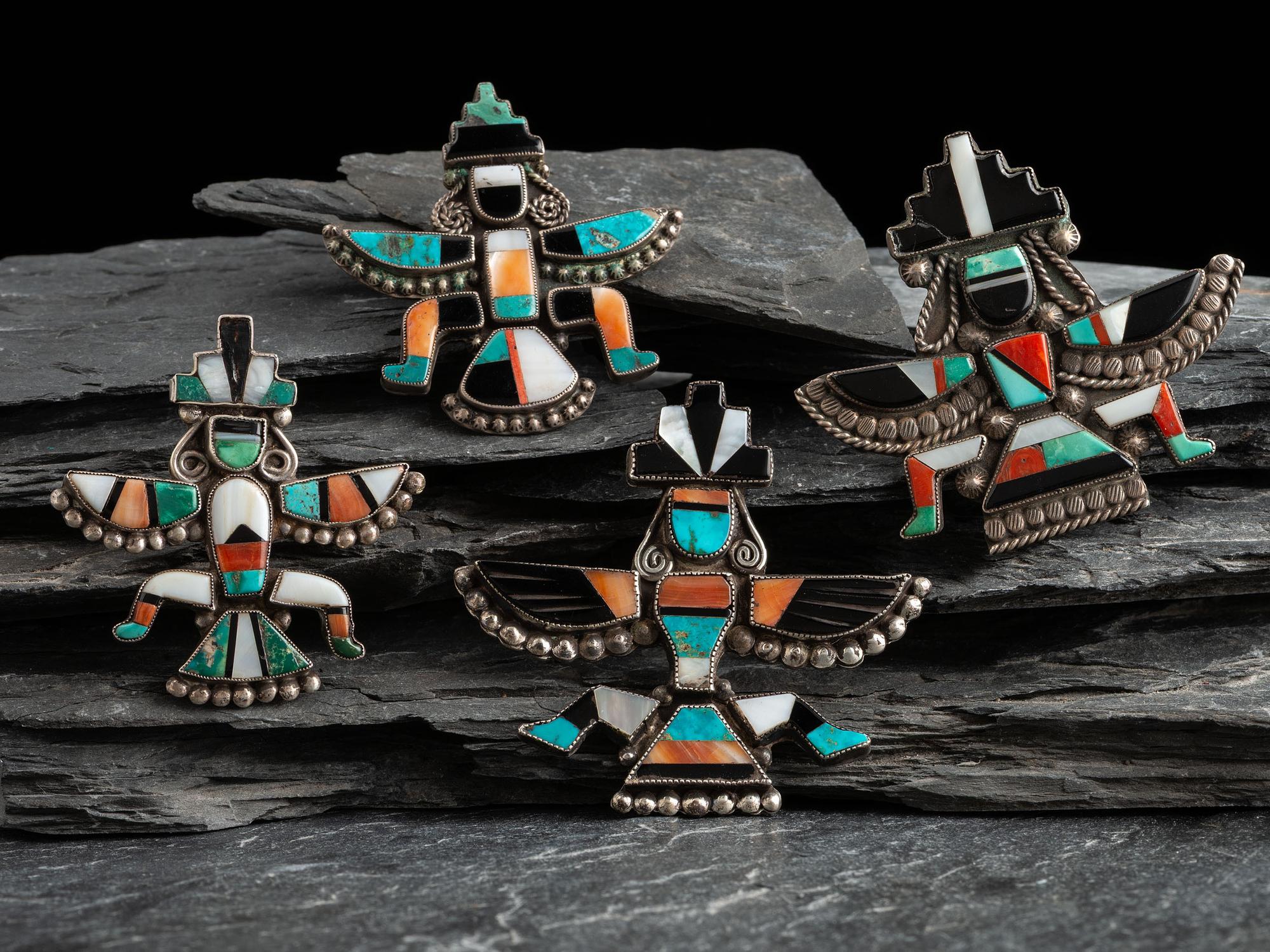 Zuni Silver and Mosaic Inlay Knifewing Pins / Brooches