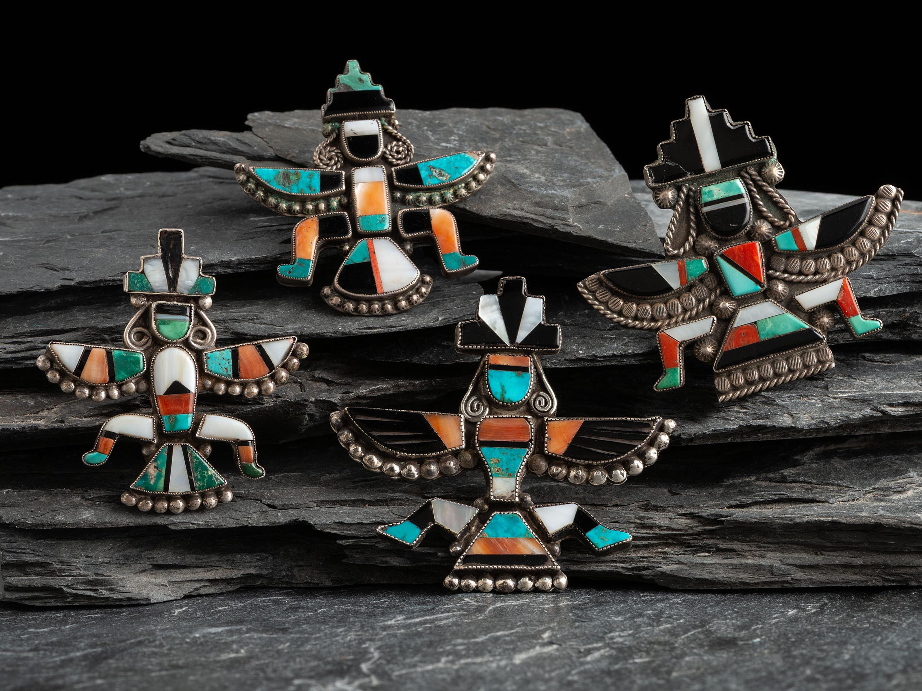 Zuni Silver and Mosaic Inlay Knifewing Pins / Brooches