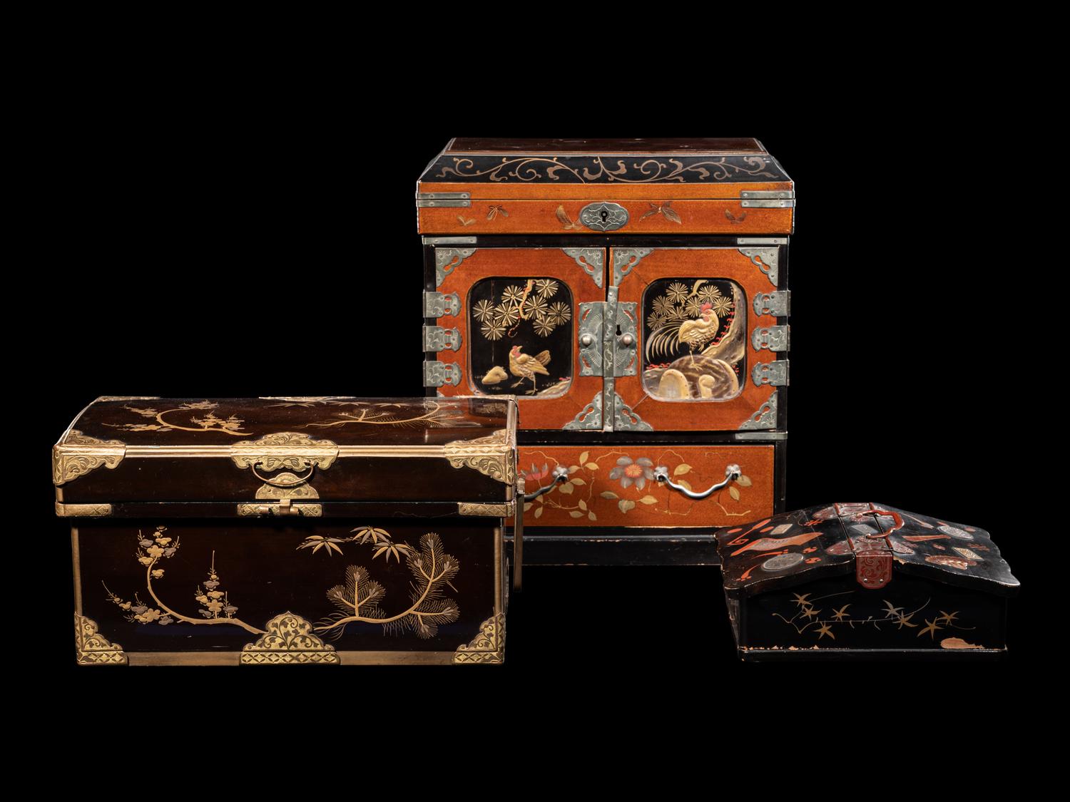 Three Japanese Lacquered and Metal Mounted Storage Boxes