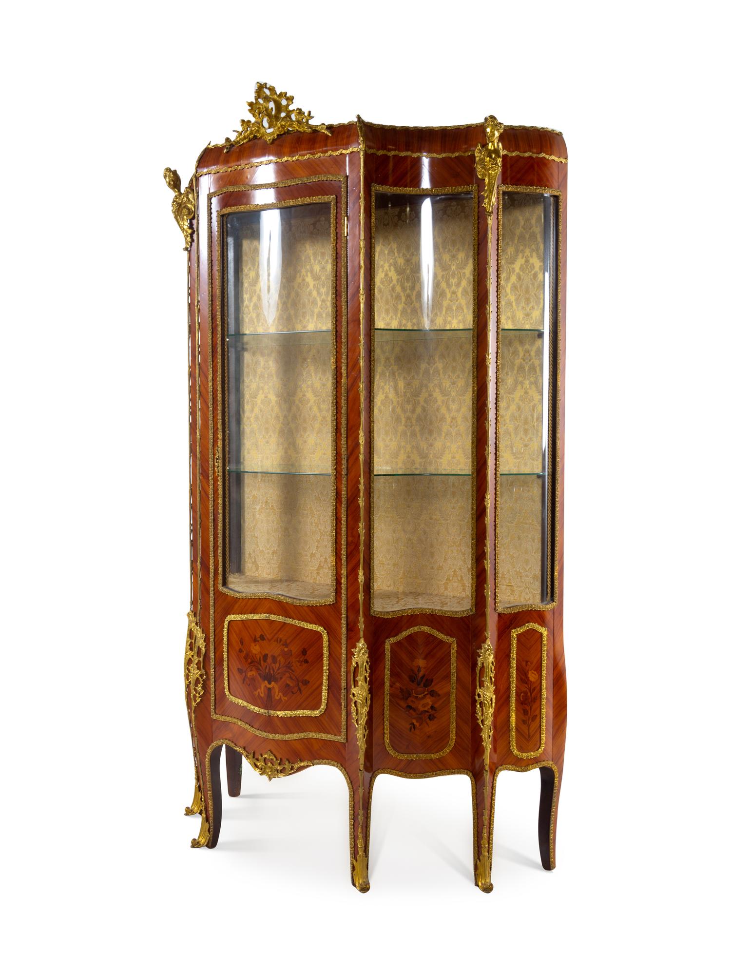 A Louis XV Style Gilt Bronze Mounted Marquetry Decorated Mahogany Vitrine