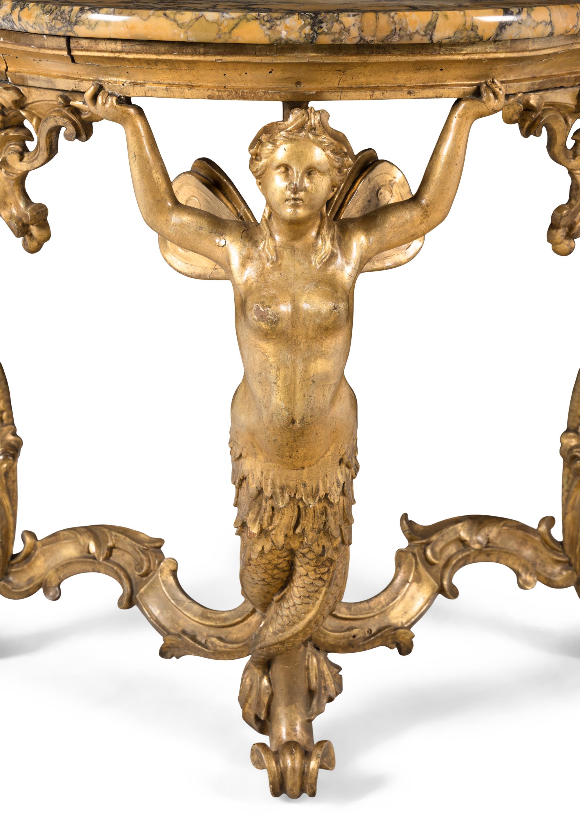 An Italian Rococo Style Giltwood and Giallo Antico Marble-Top Console Table
