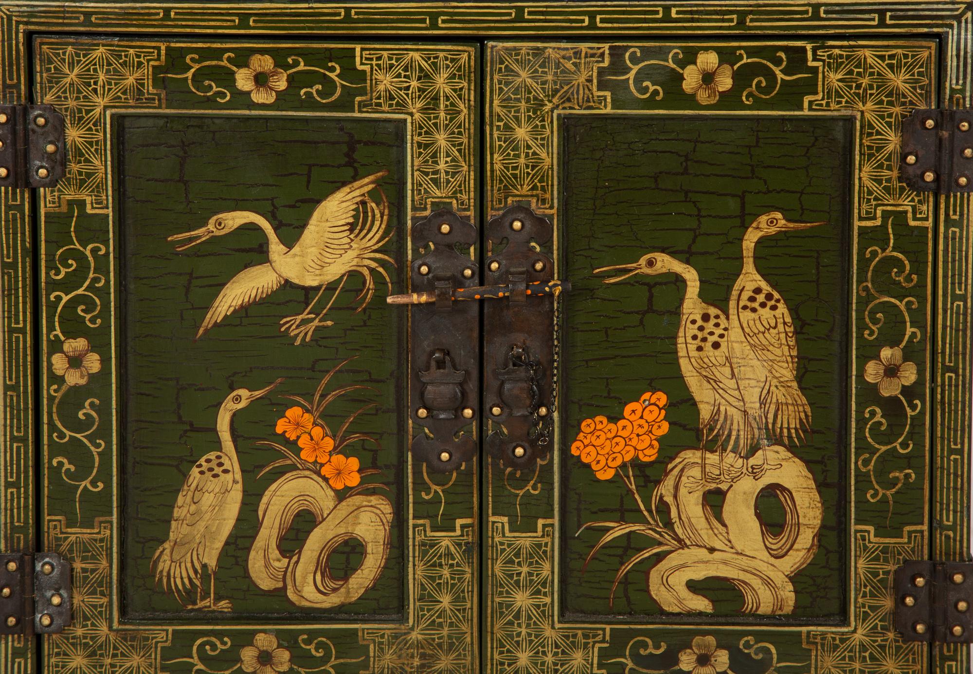 A Chinese Painted and Parcel Gilt Cabinet on Stand