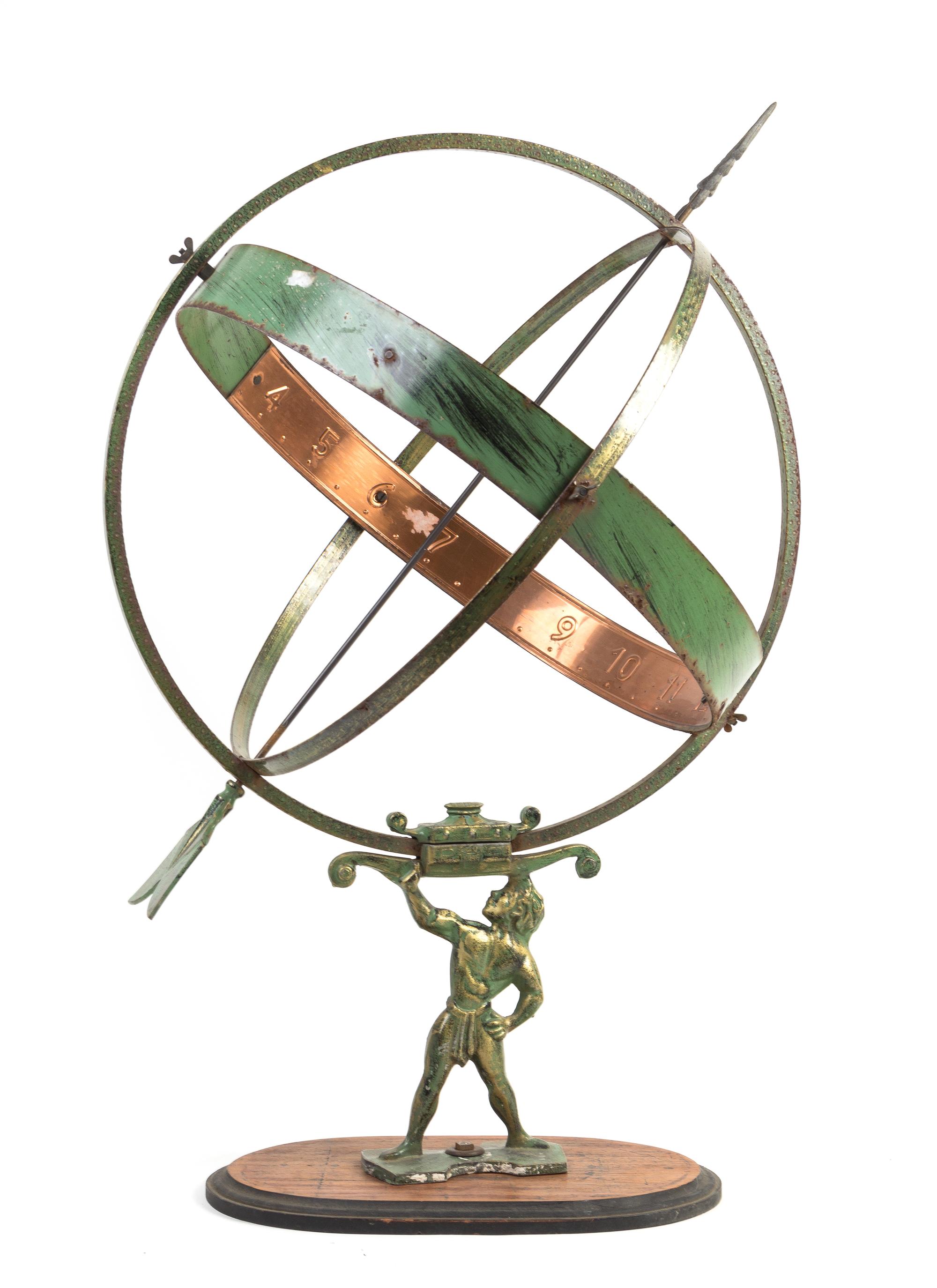 A Continental Patinated Metal Armillary Sphere Height 32 1/2 inches.