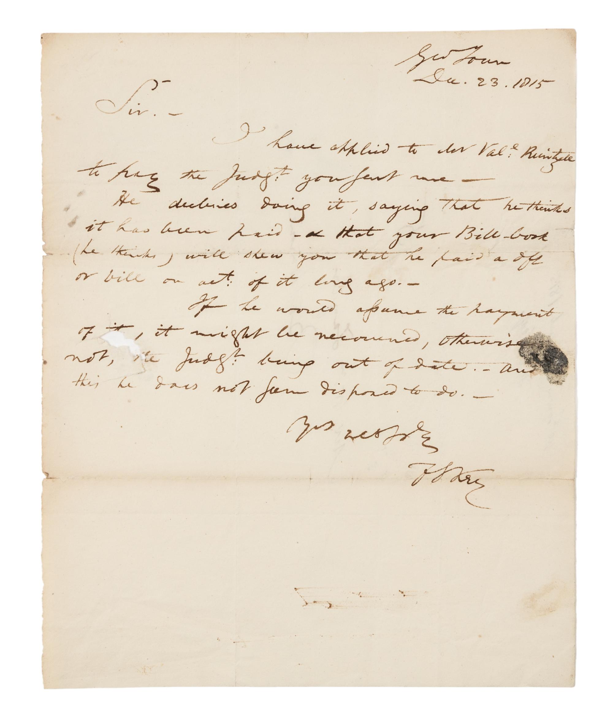 KEY, Francis Scott (1779-1843). Autograph letter signed ("F. S. Key"), to Mr. William Taylor. Georgetown, 23 December 1815.