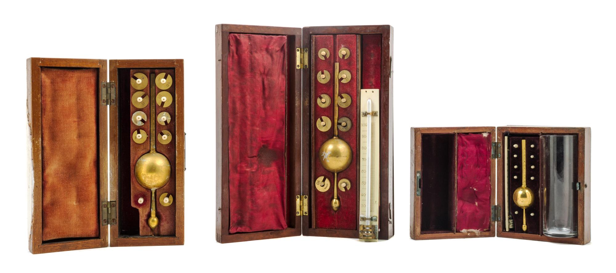 A Group of Three Brass Sikes Hydrometers Length of longest 7 inches.
