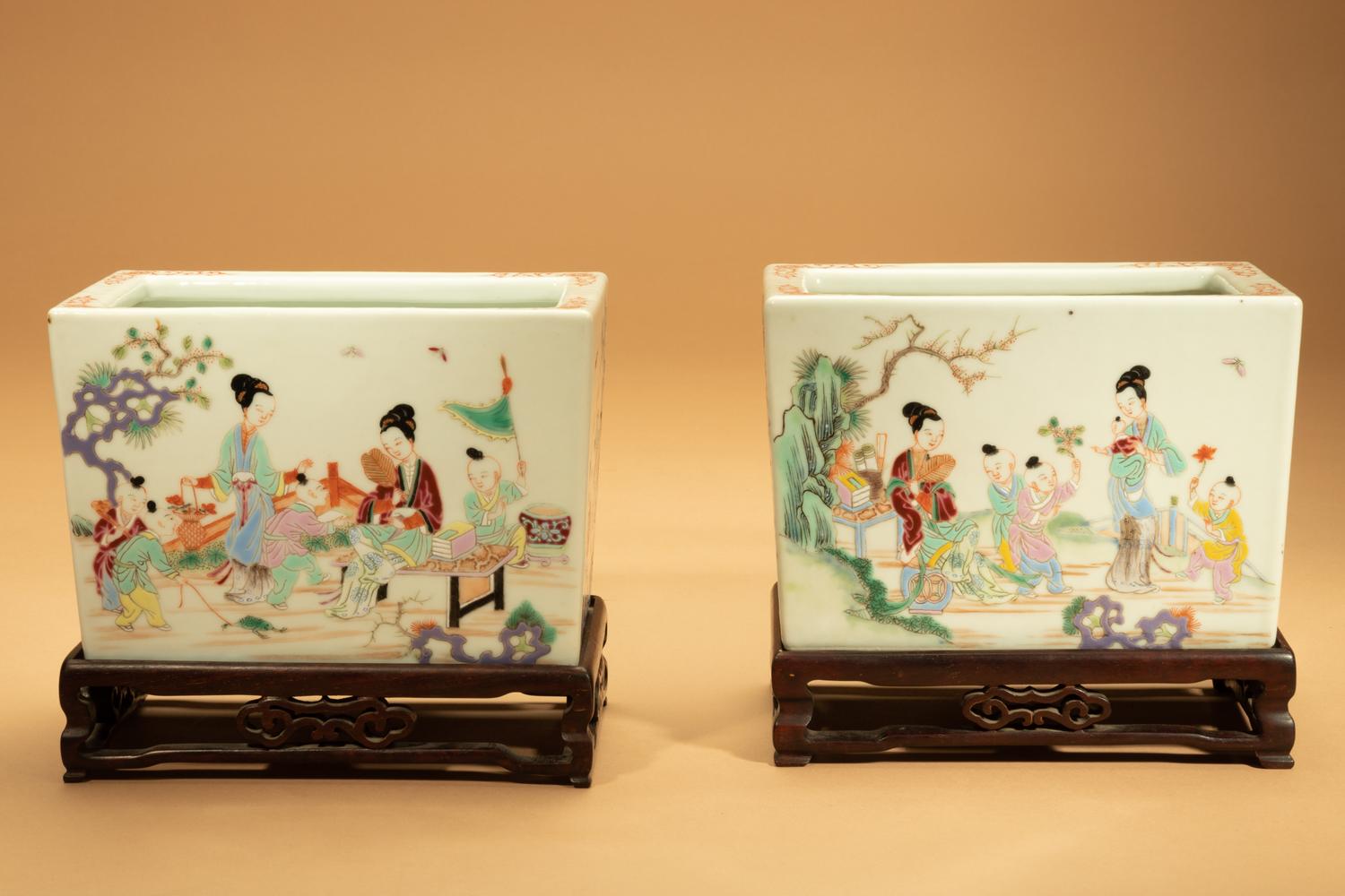 A Pair of Famille Rose Porcelain Rectangular 'Boys' Planters