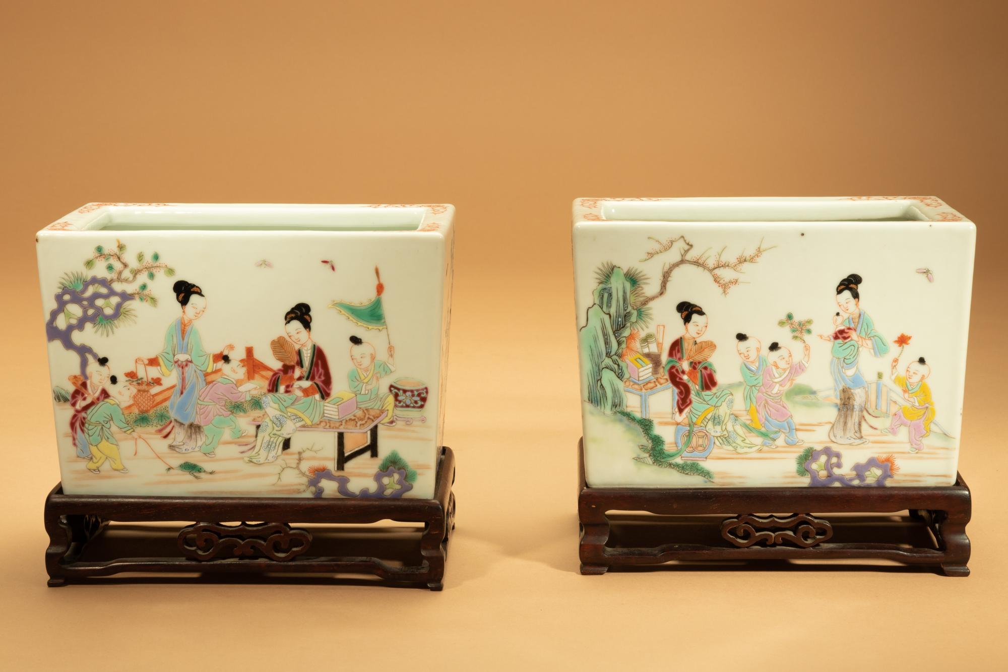 A Pair of Famille Rose Porcelain Rectangular 'Boys' Planters