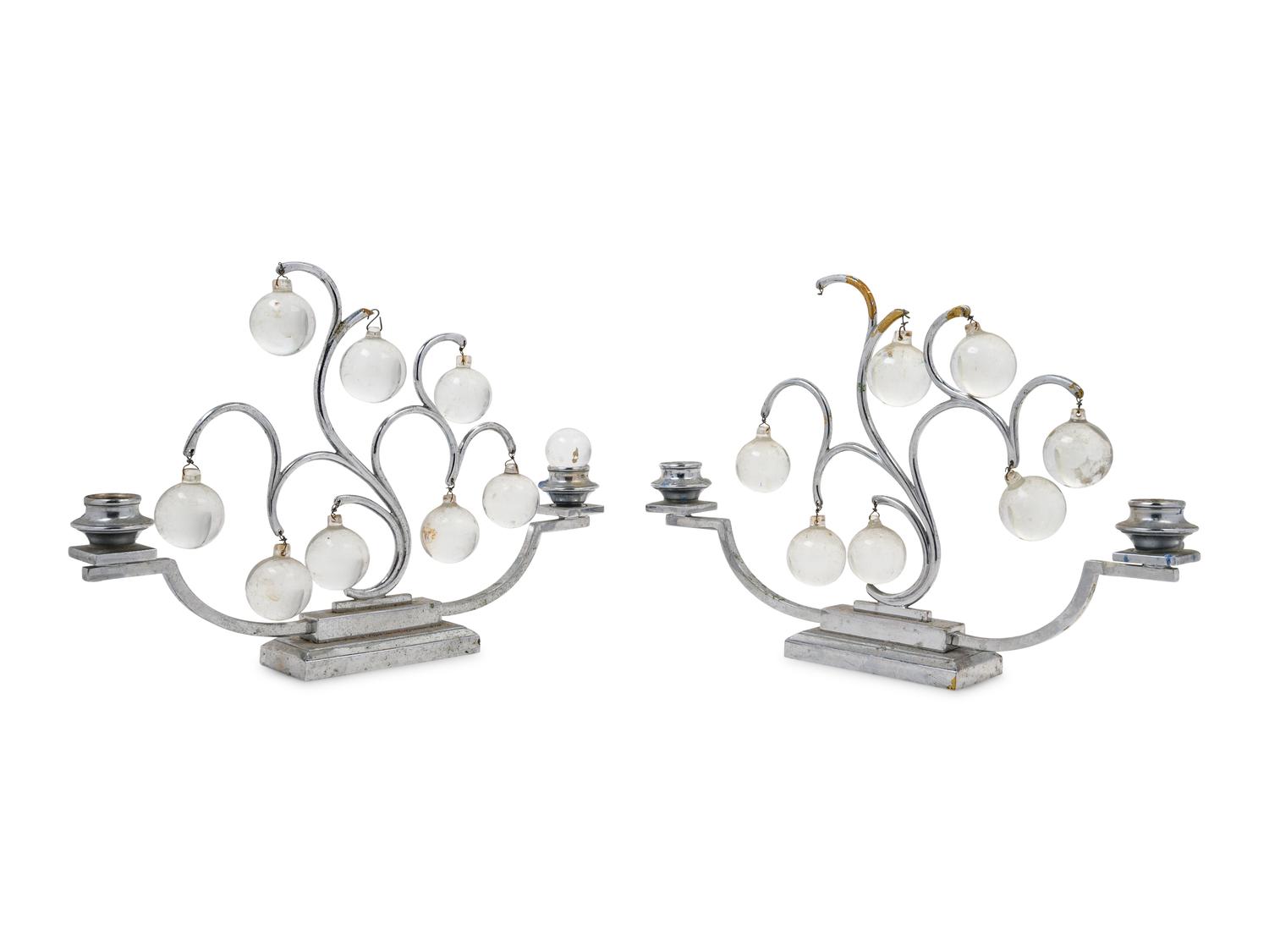 A Pair of Art Deco Silvered Metal and Glass Two-Light Candelabra