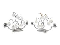 A Pair of Art Deco Silvered Metal and Glass Two-Light Candelabra
