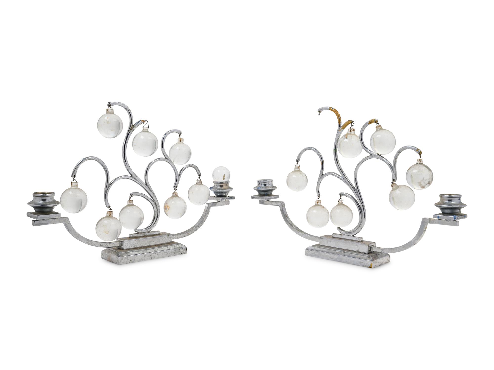 A Pair of Art Deco Silvered Metal and Glass Two-Light Candelabra