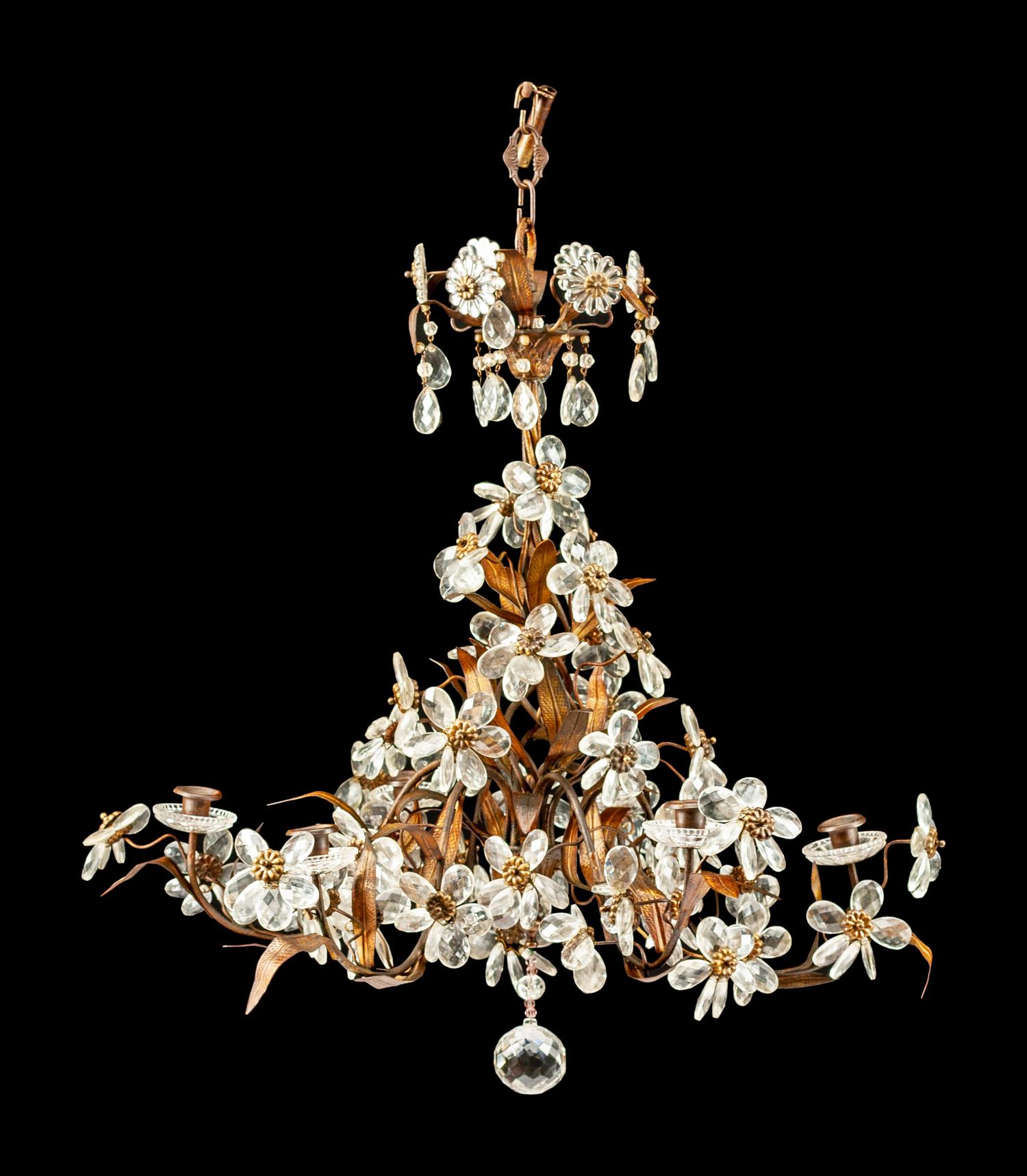 An Italian Wrought Iron and Cut Glass Six-Light Chandelier