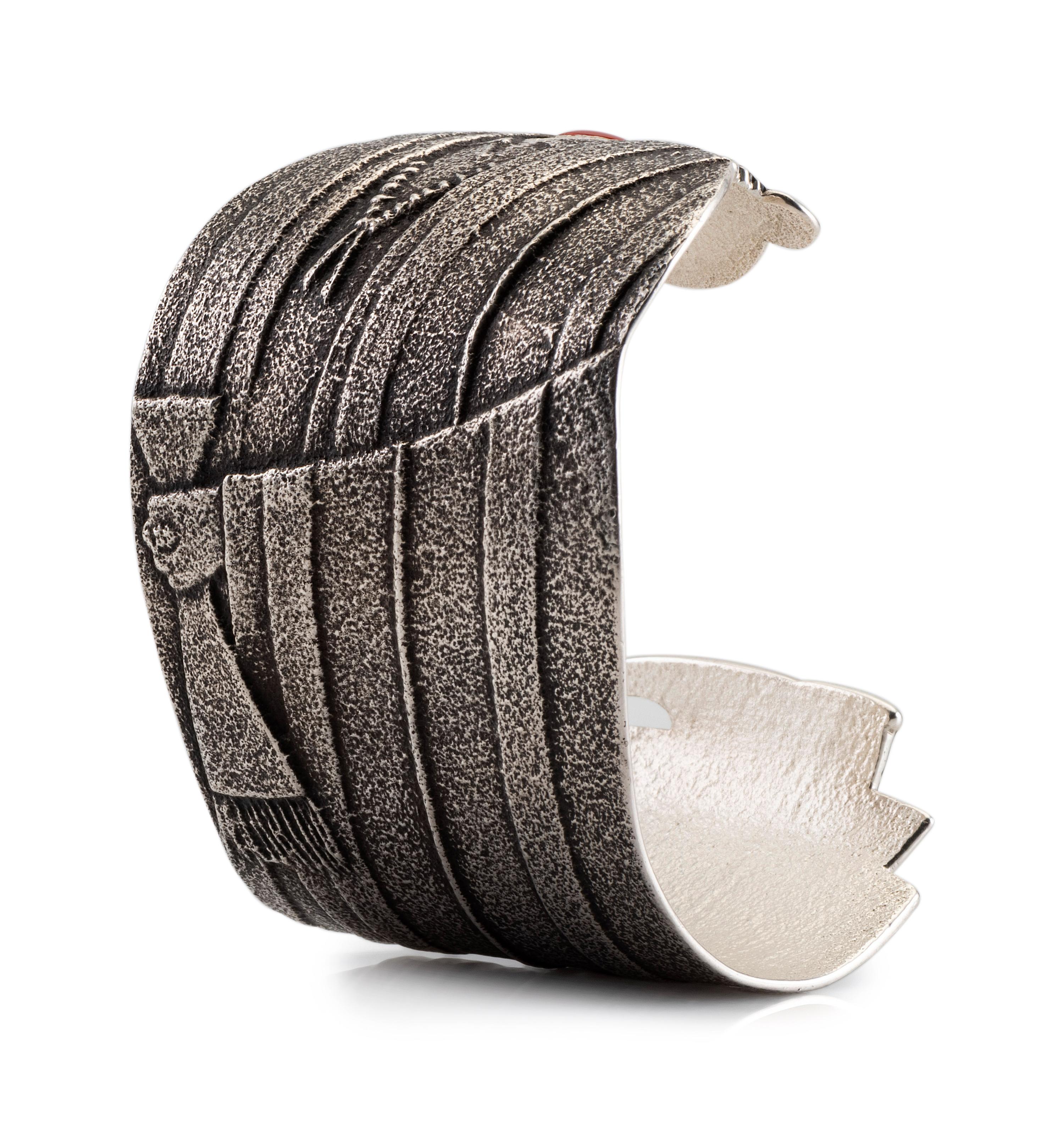 Tufa Cast Silver Figural Cuff Bracelet, with Coral Cabochon