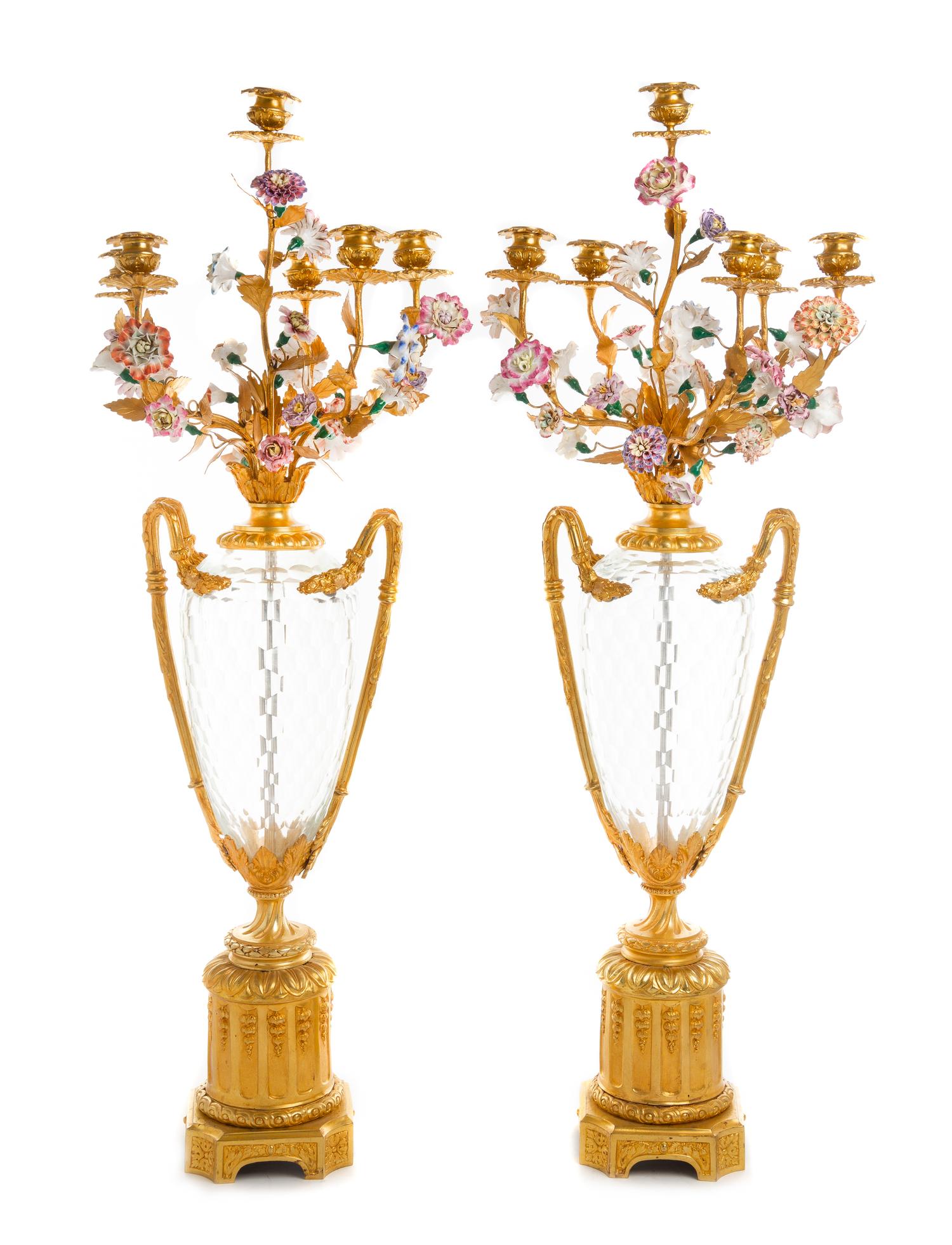 A Pair of Louis XVI Style Cut Glass, Gilt Bronze and Porcelain Seven-Light Candelabra Height 35 inches. — 20TH CENTURY