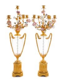 A Pair of Louis XVI Style Cut Glass, Gilt Bronze and Porcelain Seven-Light Candelabra Height 35 inches. — 20TH CENTURY