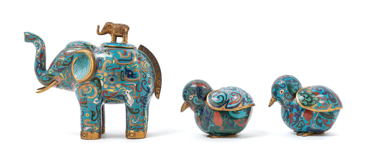 Three Chinese Cloisonné Enamel Animal-form Covered Vessels
