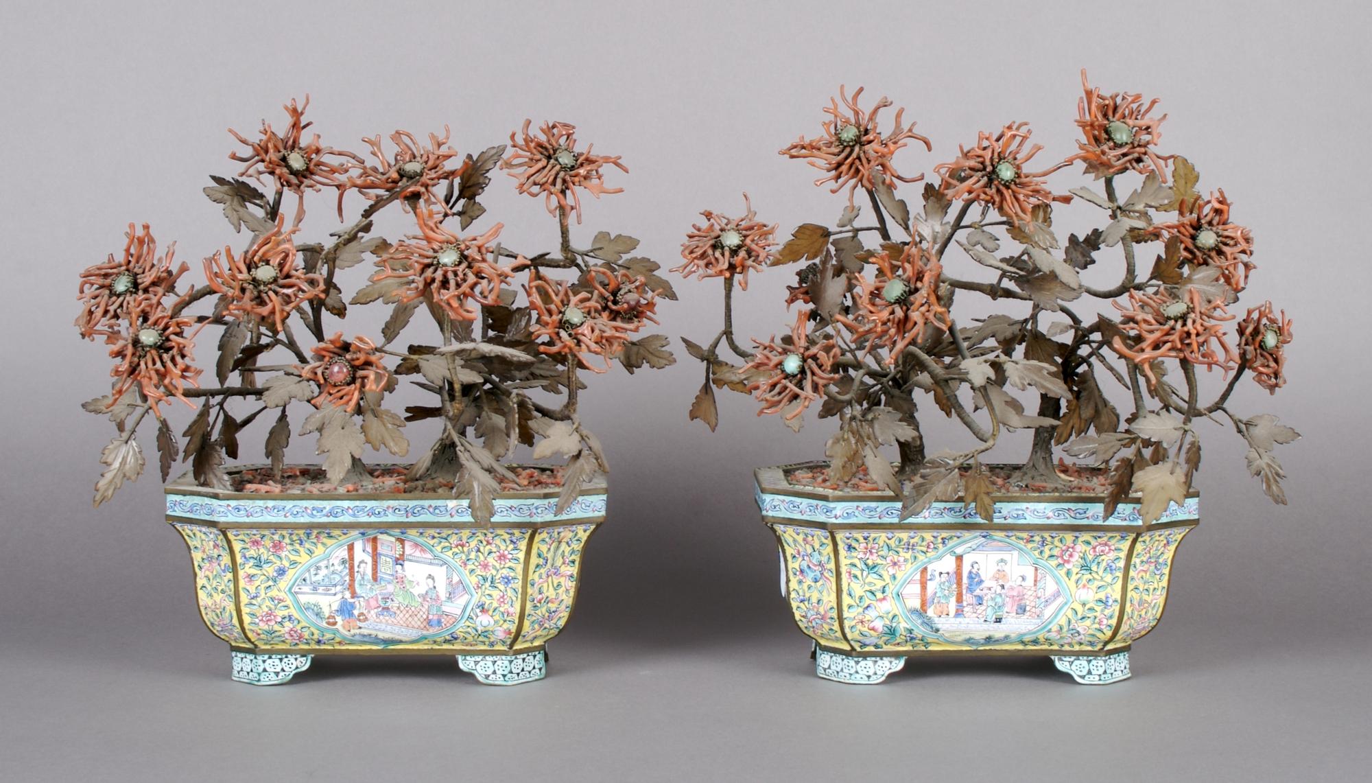 A Pair of Chinese Enamelled Canton Jardinieres, Width 7 1/2 inches.