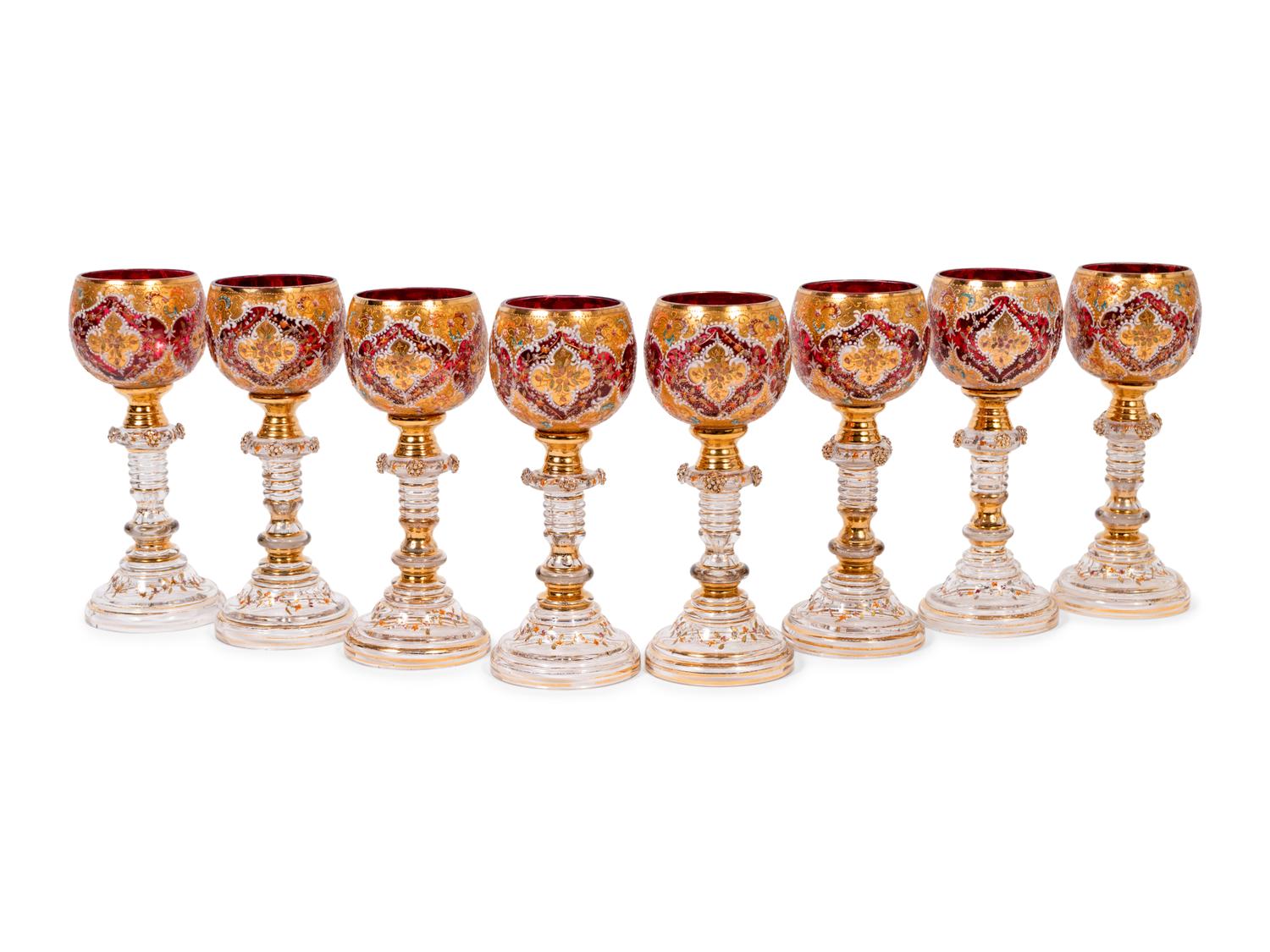 A Set of Eight Continental Enameled Glass Goblets