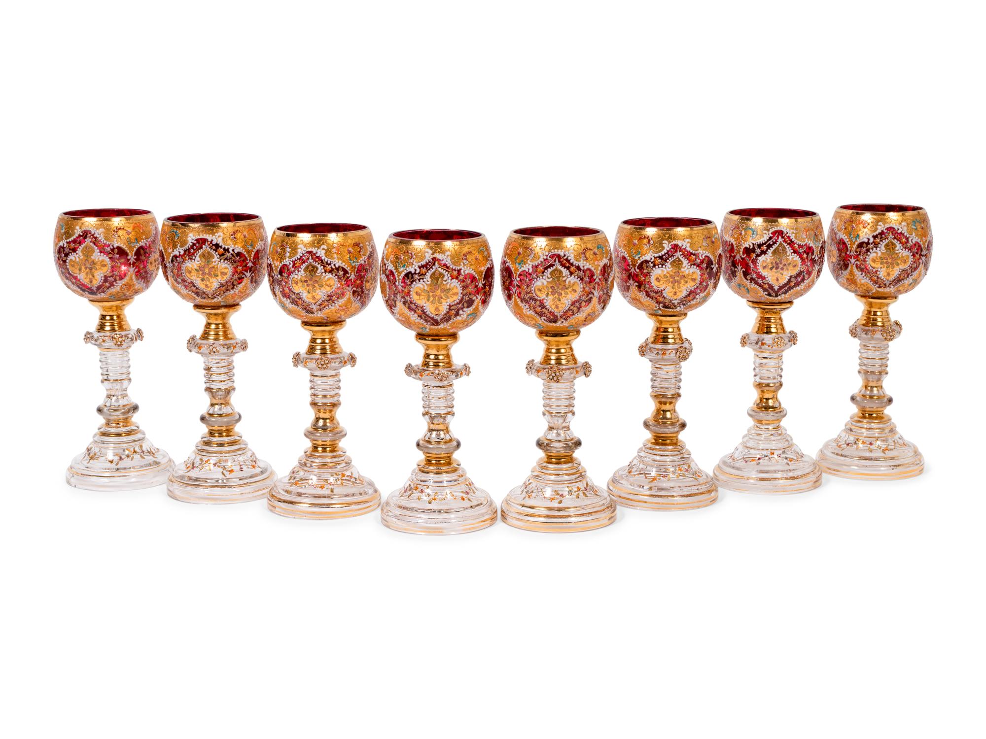 A Set of Eight Continental Enameled Glass Goblets