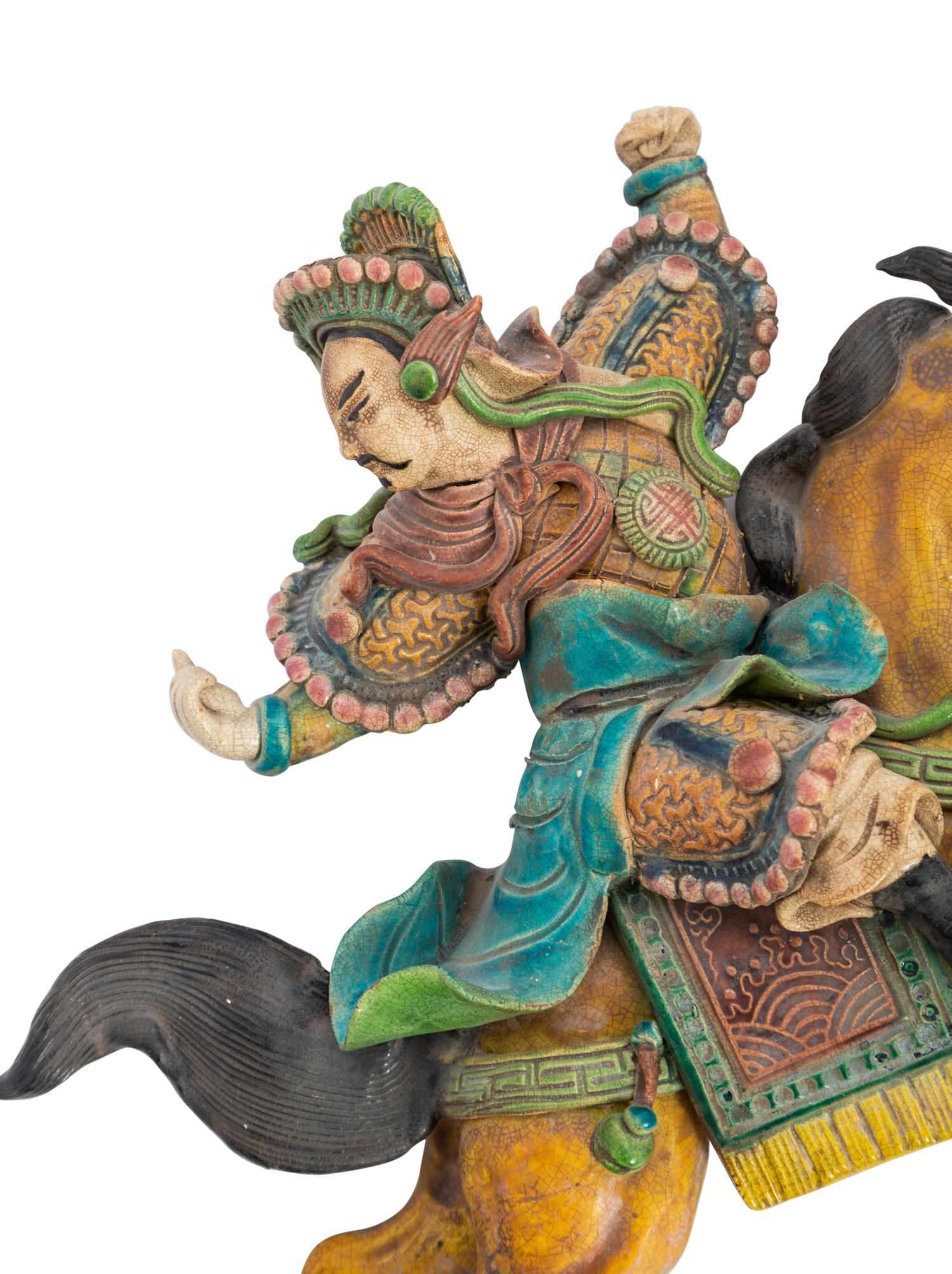 Two Chinese Painted Pottery Figural-Form Roof Tiles