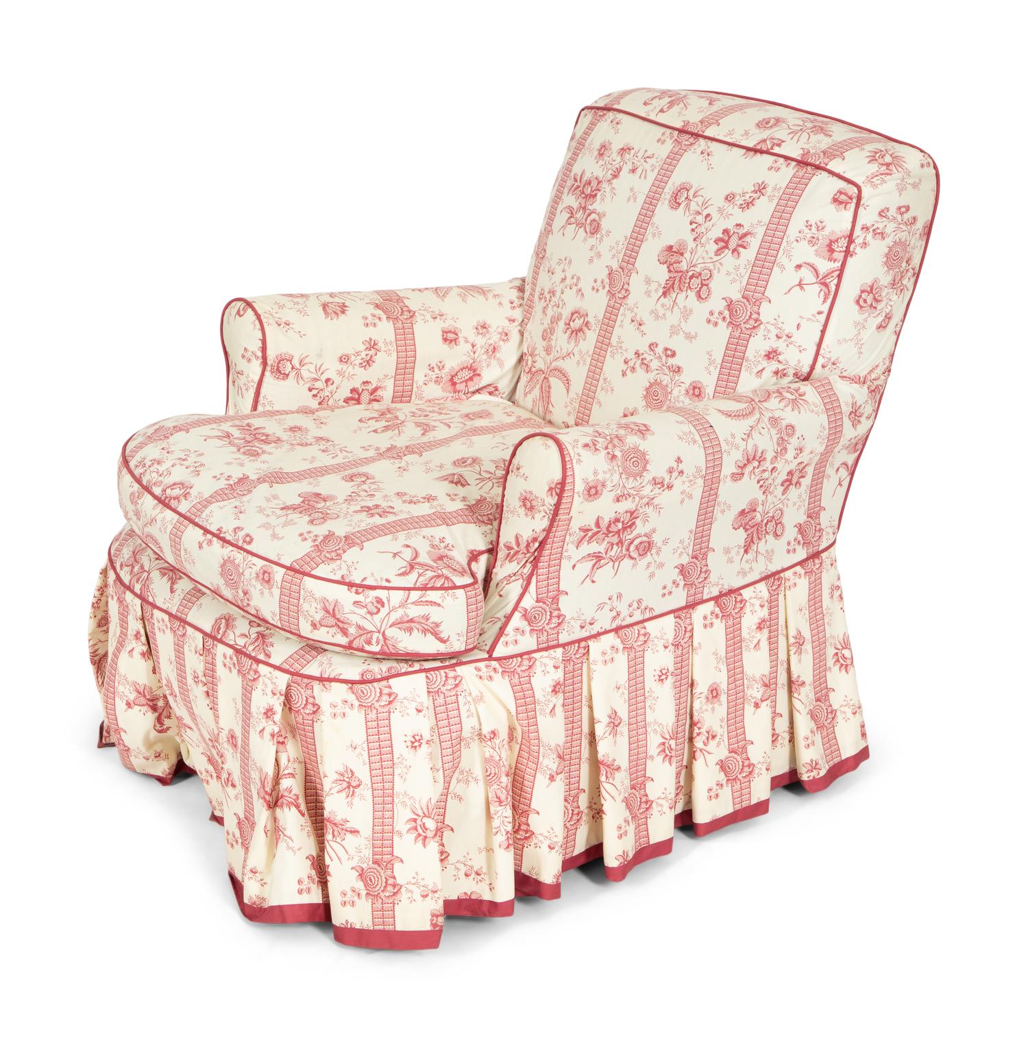 An American Empire Mahogany Foot Stool and a Printed Cotton Slip-Upholstered Club Chair