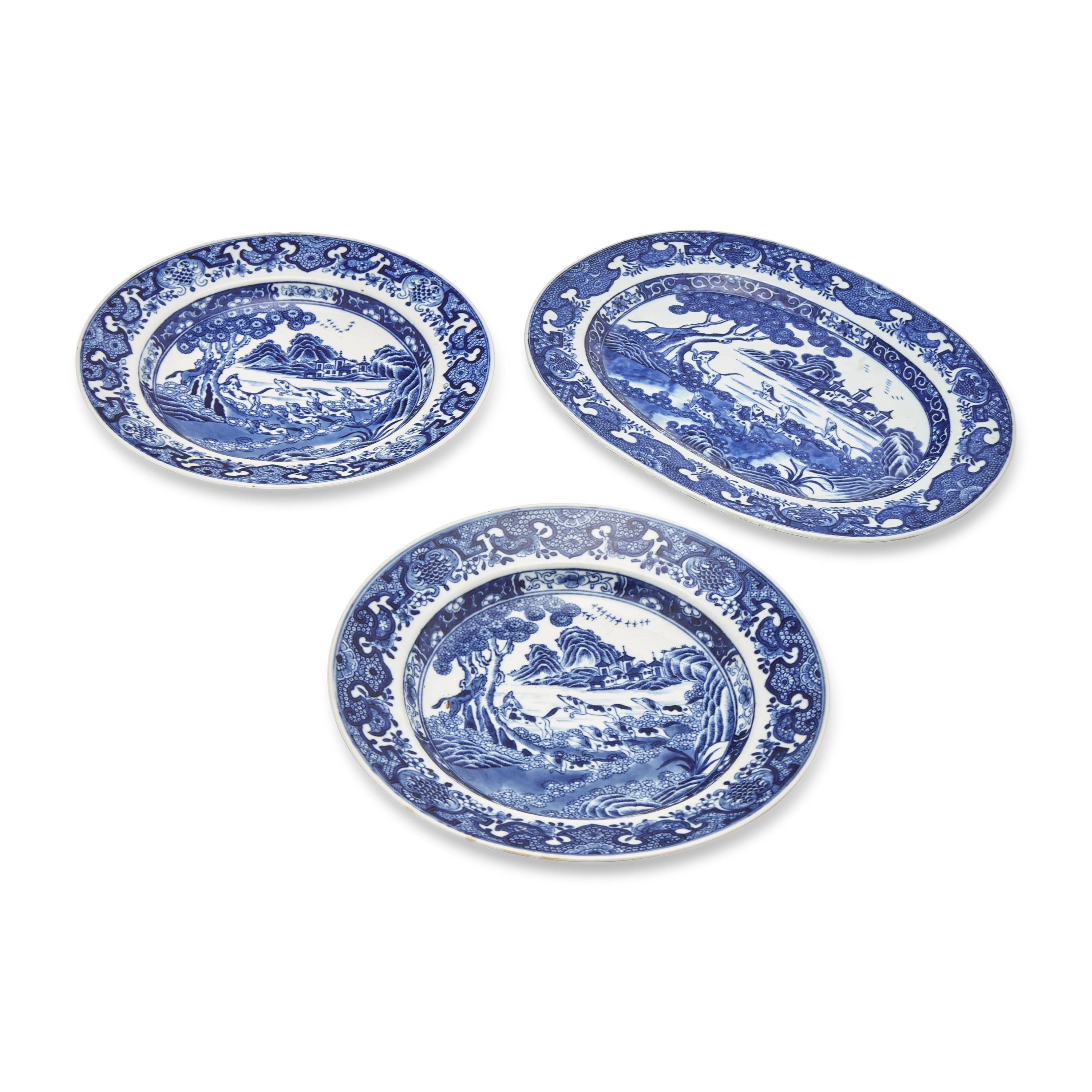 Three Chinese Export Porcelain Blue and White Hunt Scene Tablewares