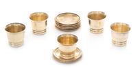 A Set of Five French Silver Cordial Cups and Underplates, Maker's Mark CA, each cylindrical body with a flared rim and a ribbed base, t