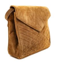 A Salvatore Ferragamo Camel Suede Envelope Clutch, 8" H x 9.5" W x 2" D.