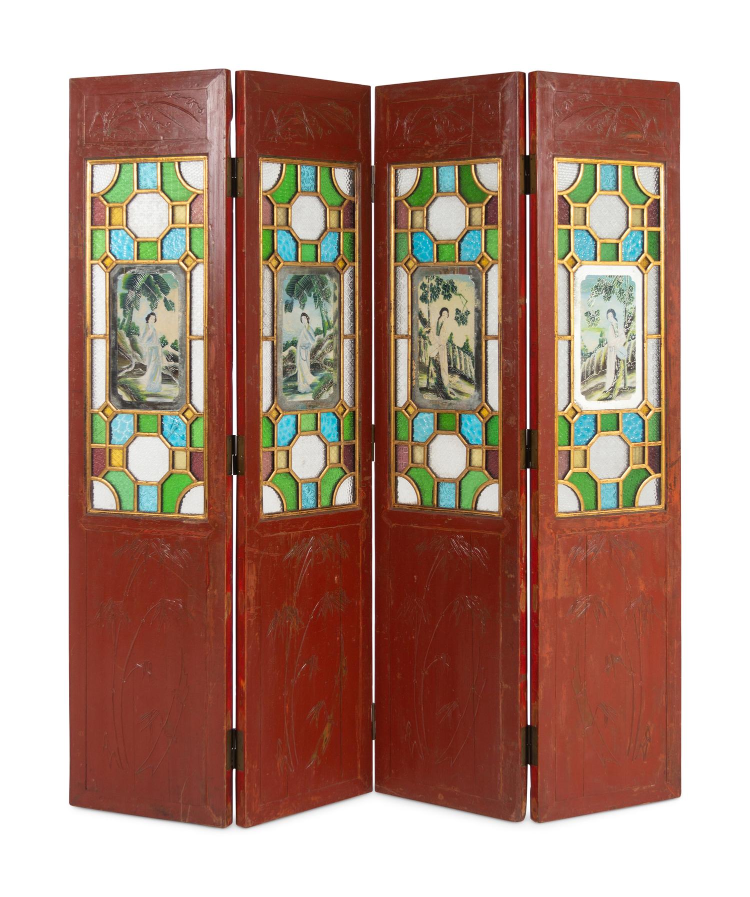 A Large Chinese Glass Inset Red Lacquered Four-Panel Floor Screen