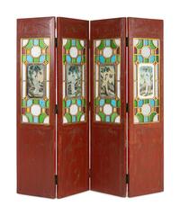 A Large Chinese Glass Inset Red Lacquered Four-Panel Floor Screen