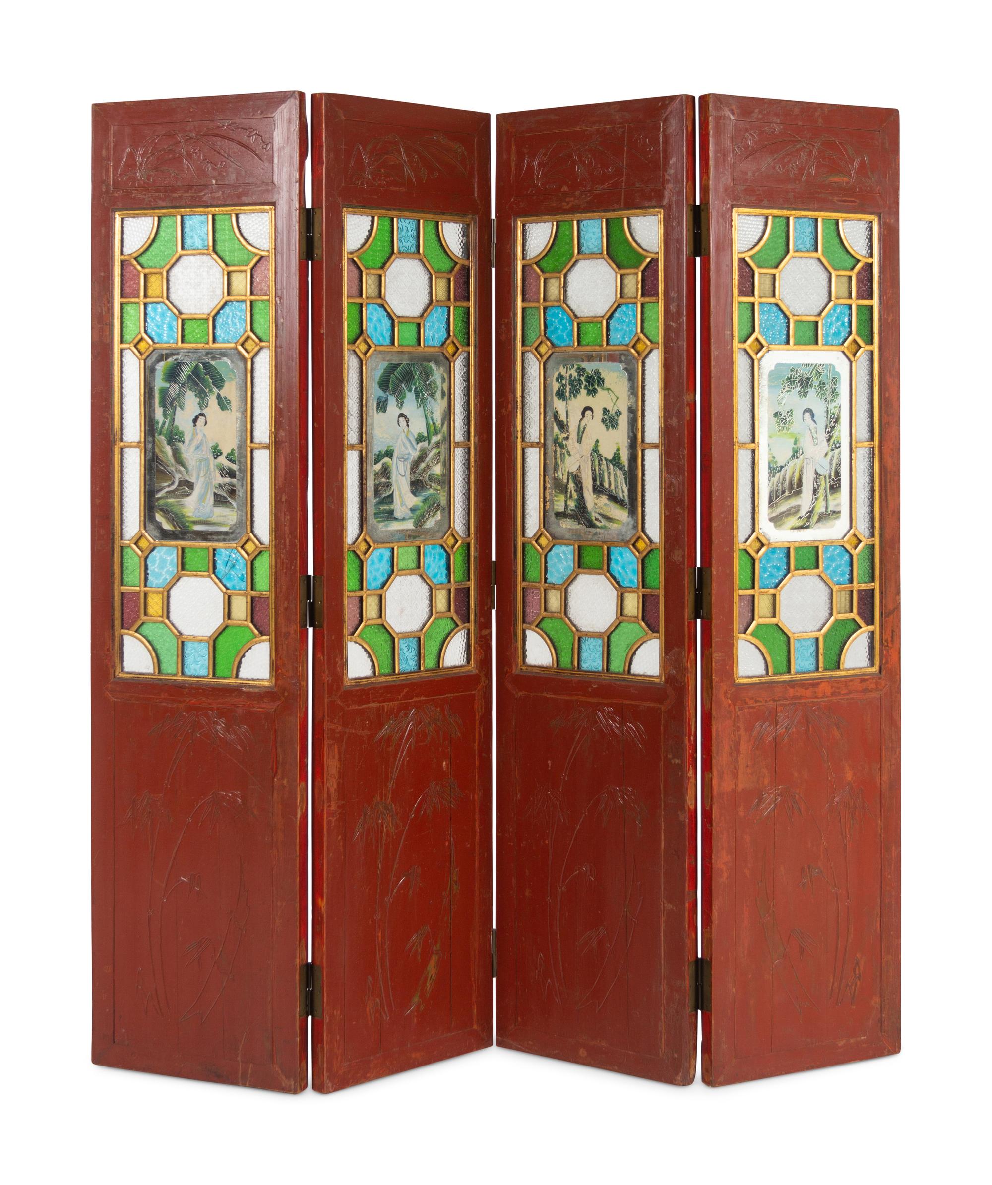 A Large Chinese Glass Inset Red Lacquered Four-Panel Floor Screen