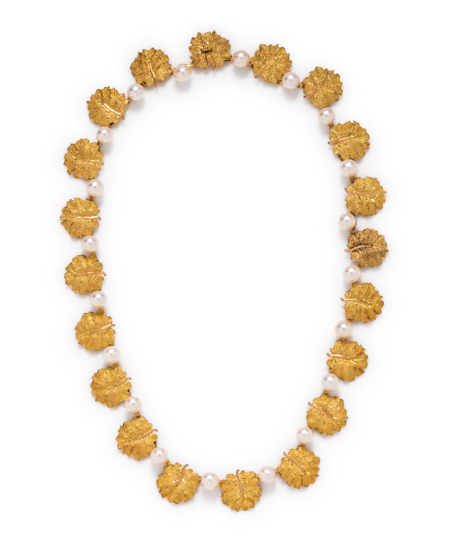 BUCCELLATI, YELLOW GOLD AND CULTURED PEARL LEAF MOTIF NECKLACE