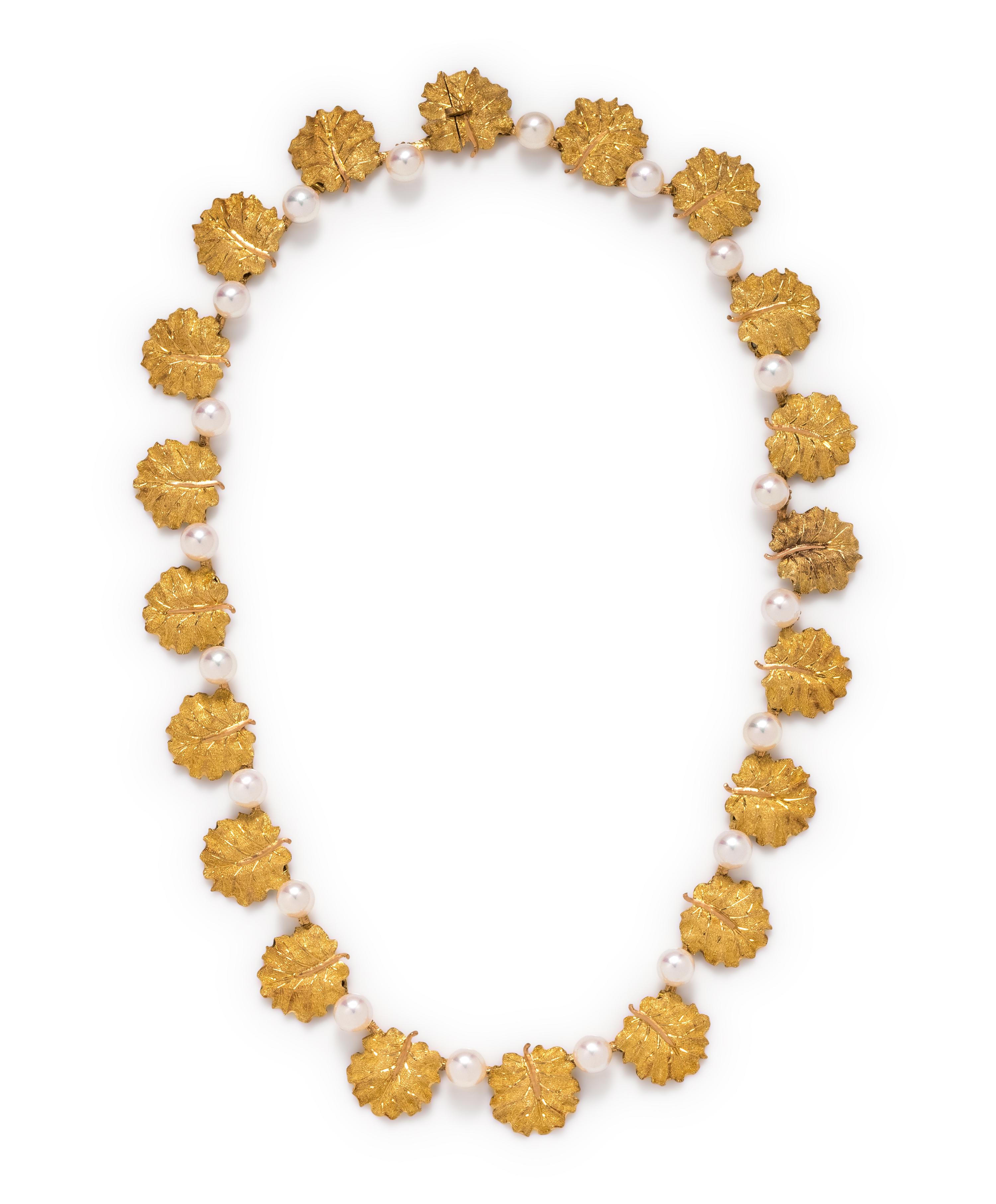 BUCCELLATI, YELLOW GOLD AND CULTURED PEARL LEAF MOTIF NECKLACE