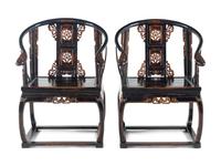 A Pair of Chinese Gilt Highlighted Black Lacquered Wood Armchairs and A Matching Rectangular Stand