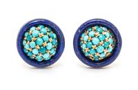A Pair of 18 Karat Yellow Gold, Turquoise and Lapis Lazuli Earclips, 8.90 dwts.