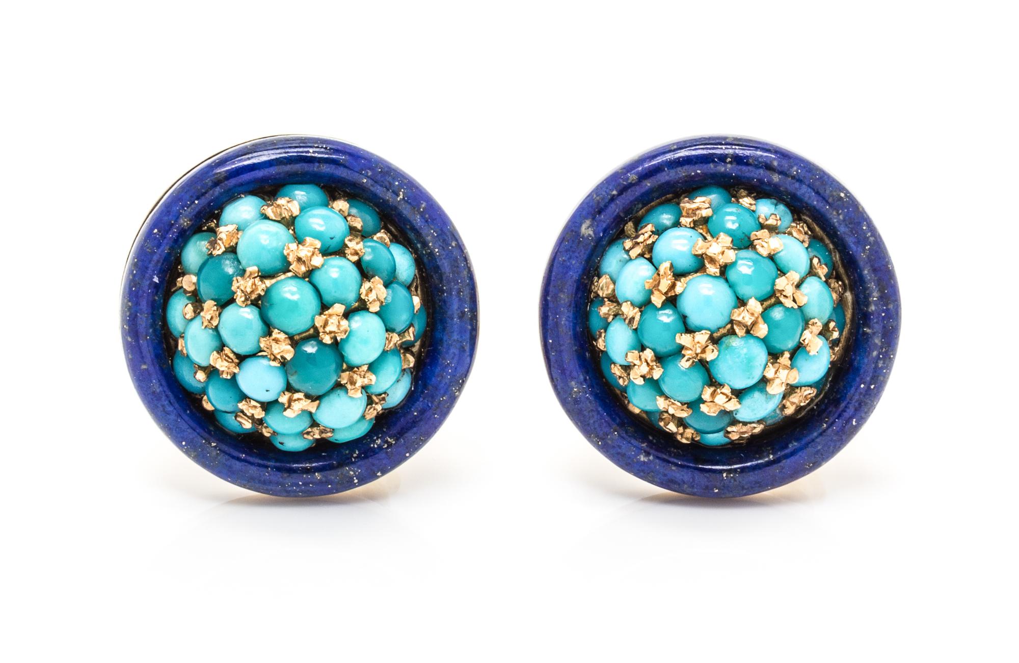 A Pair of 18 Karat Yellow Gold, Turquoise and Lapis Lazuli Earclips, 8.90 dwts.