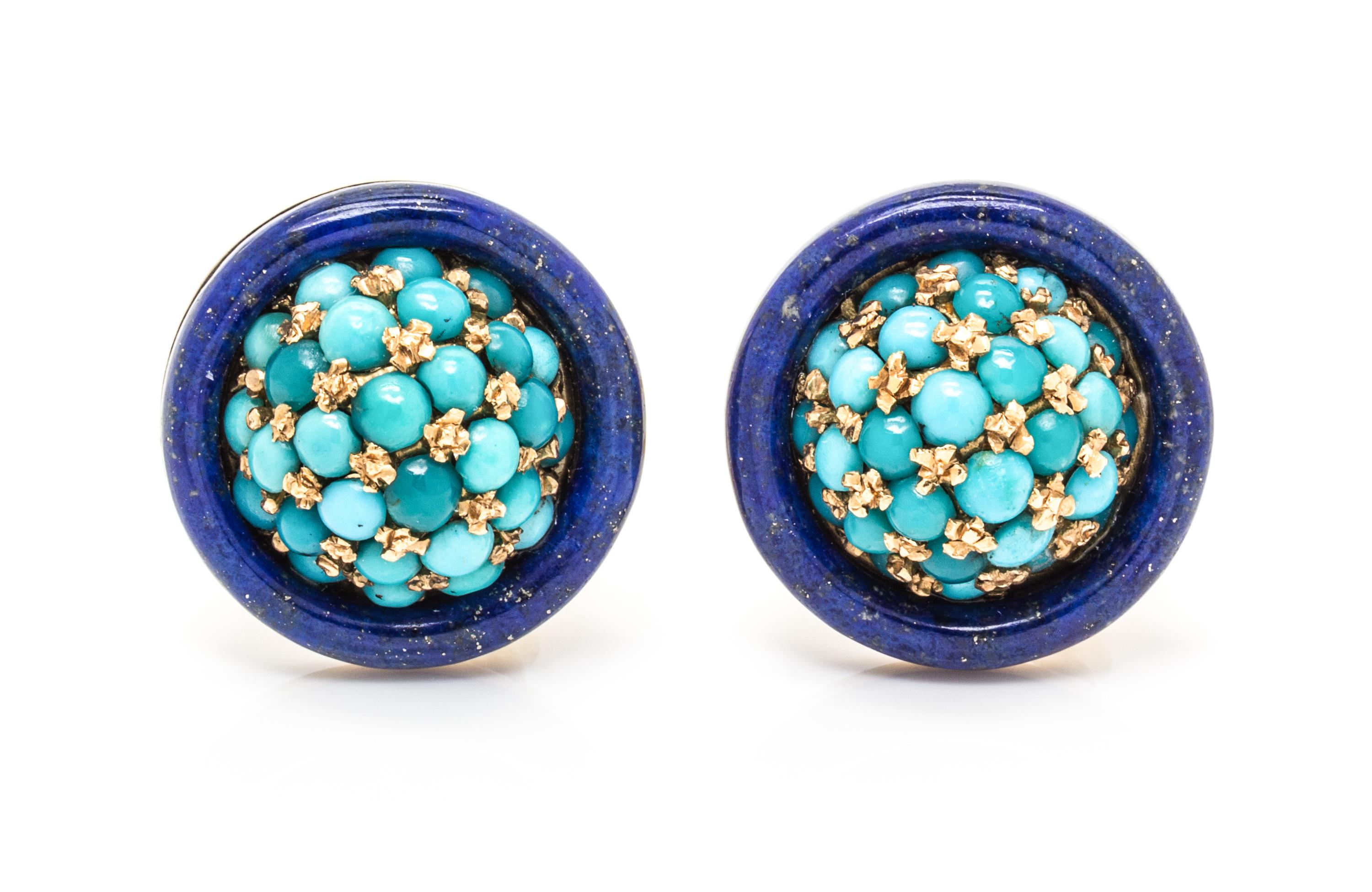 A Pair of 18 Karat Yellow Gold, Turquoise and Lapis Lazuli Earclips, 8.90 dwts.
