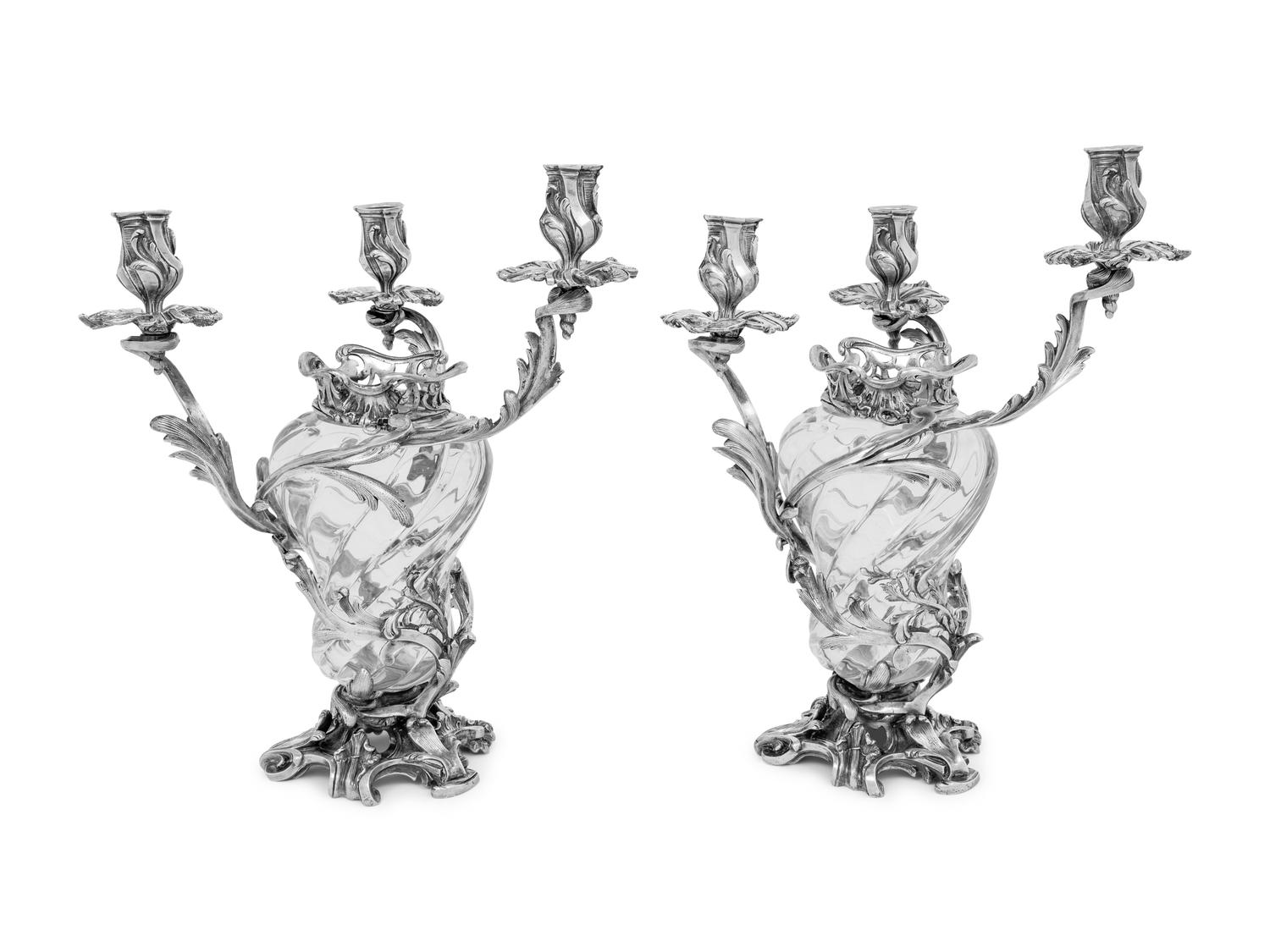 A Pair of Austrian Silver Mounted Cut Glass Three-Light Candelabra