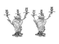 A Pair of Austrian Silver Mounted Cut Glass Three-Light Candelabra
