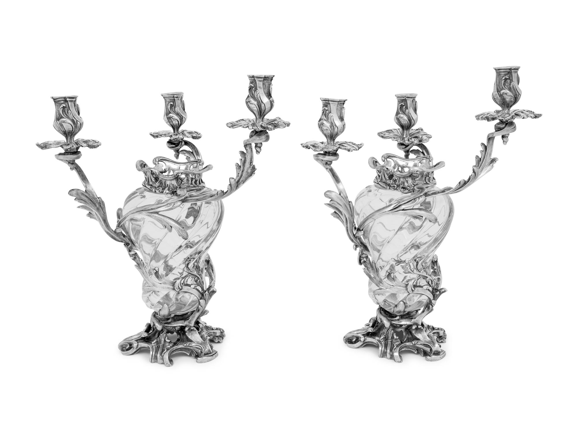 A Pair of Austrian Silver Mounted Cut Glass Three-Light Candelabra