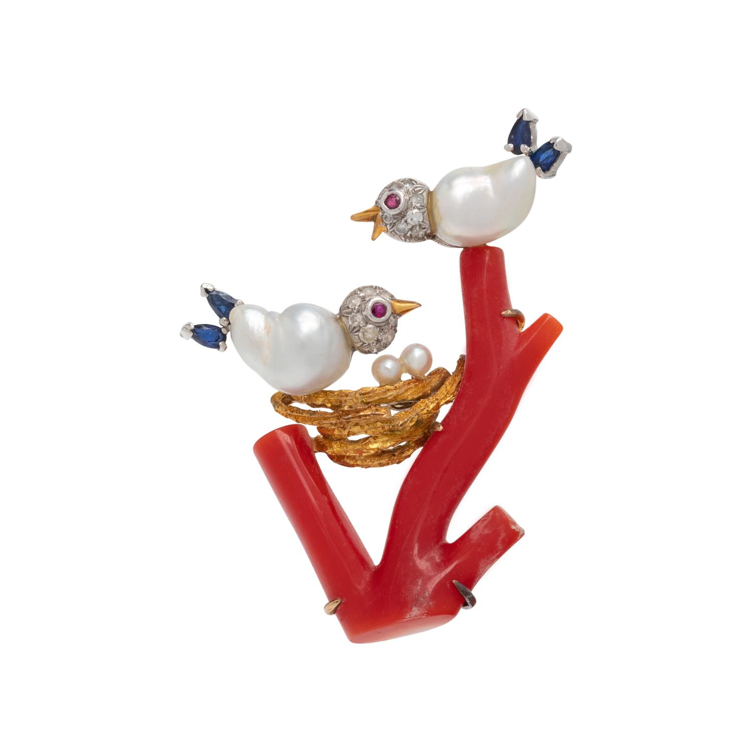 TRIO, MULTIGEM AND DIAMOND BIRD-IN-NEST BROOCH