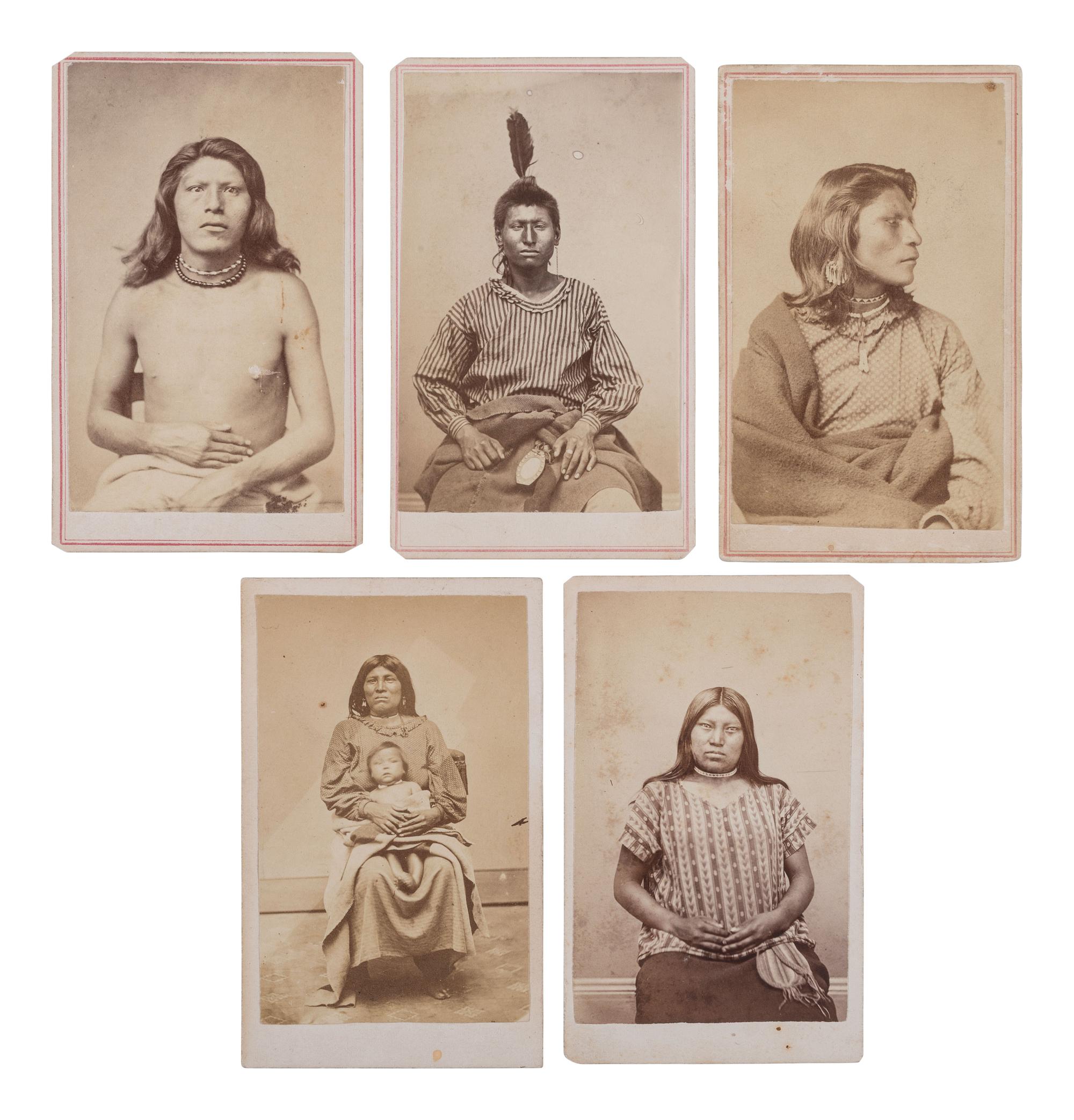 [JACKSON, William Henry (1843-1942), photog.]. Five CDVs of Pawnee Indians, incl. Long Dog. Omaha, NE: Parker and Johnson, ca early 1870s.