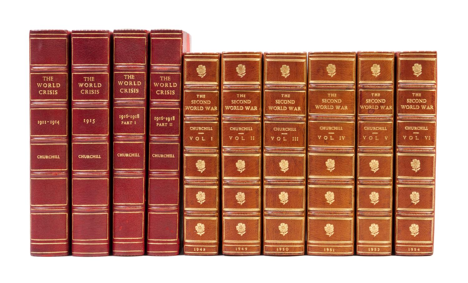 CHURCHILL, WINSTON. The Second World War. London, 1948-1954. 6 vols. With The World in Crisis. 4 vols. London, 1923-27. (10 total)