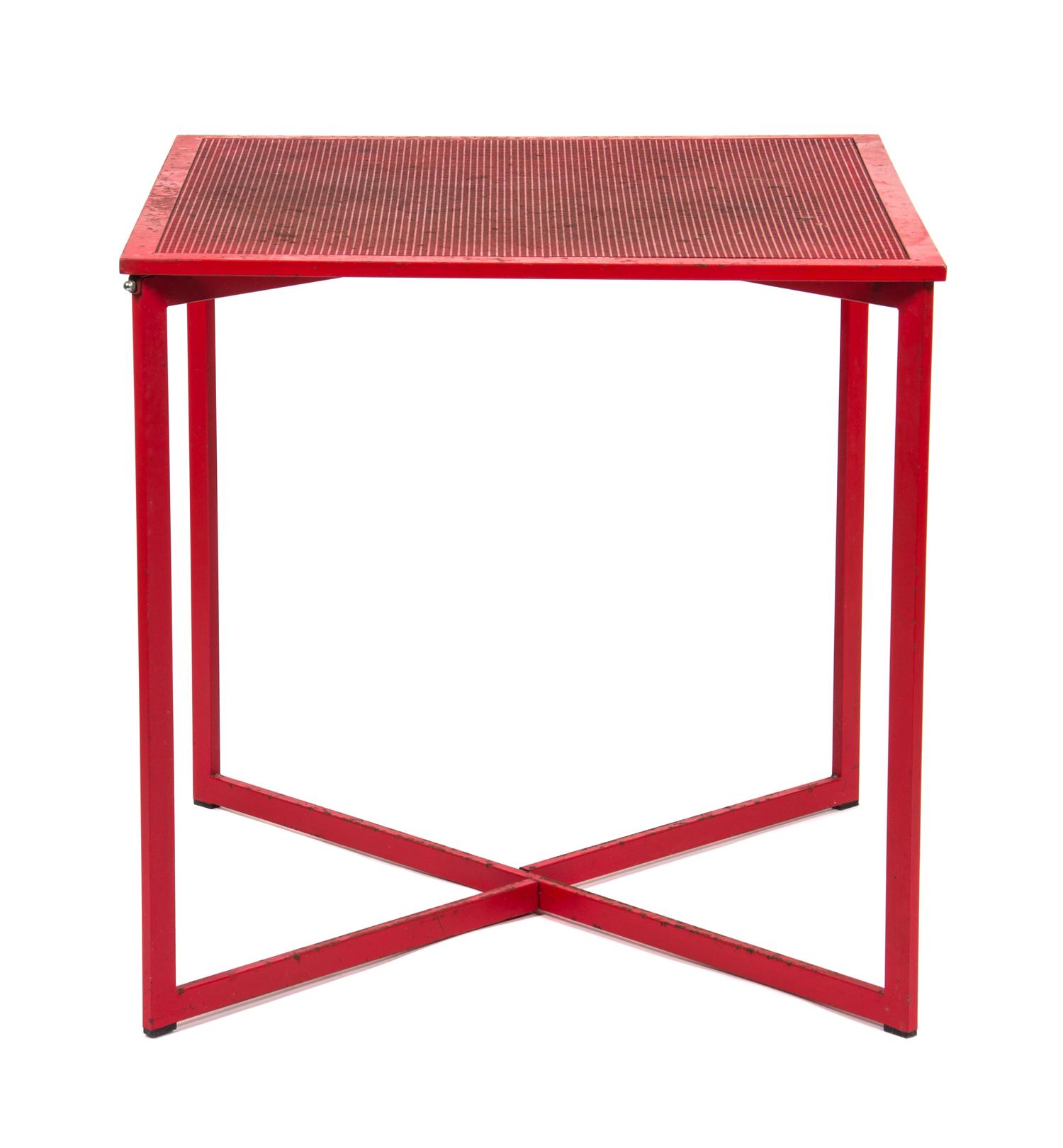 A Red Painted Metal Card Table with Four Folding Chairs height of table 29 1/4 x width 29 1/4 x depth 29 1/4 inches. — MID 20TH CENTURY